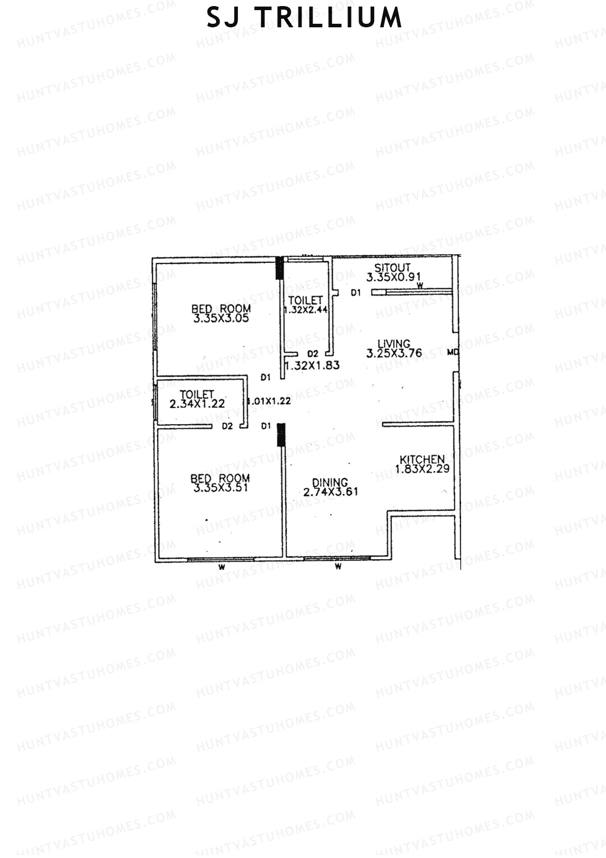 SJ Trillium, Block A, Unit 3, 2BHK, Super Area 965   sq ft 