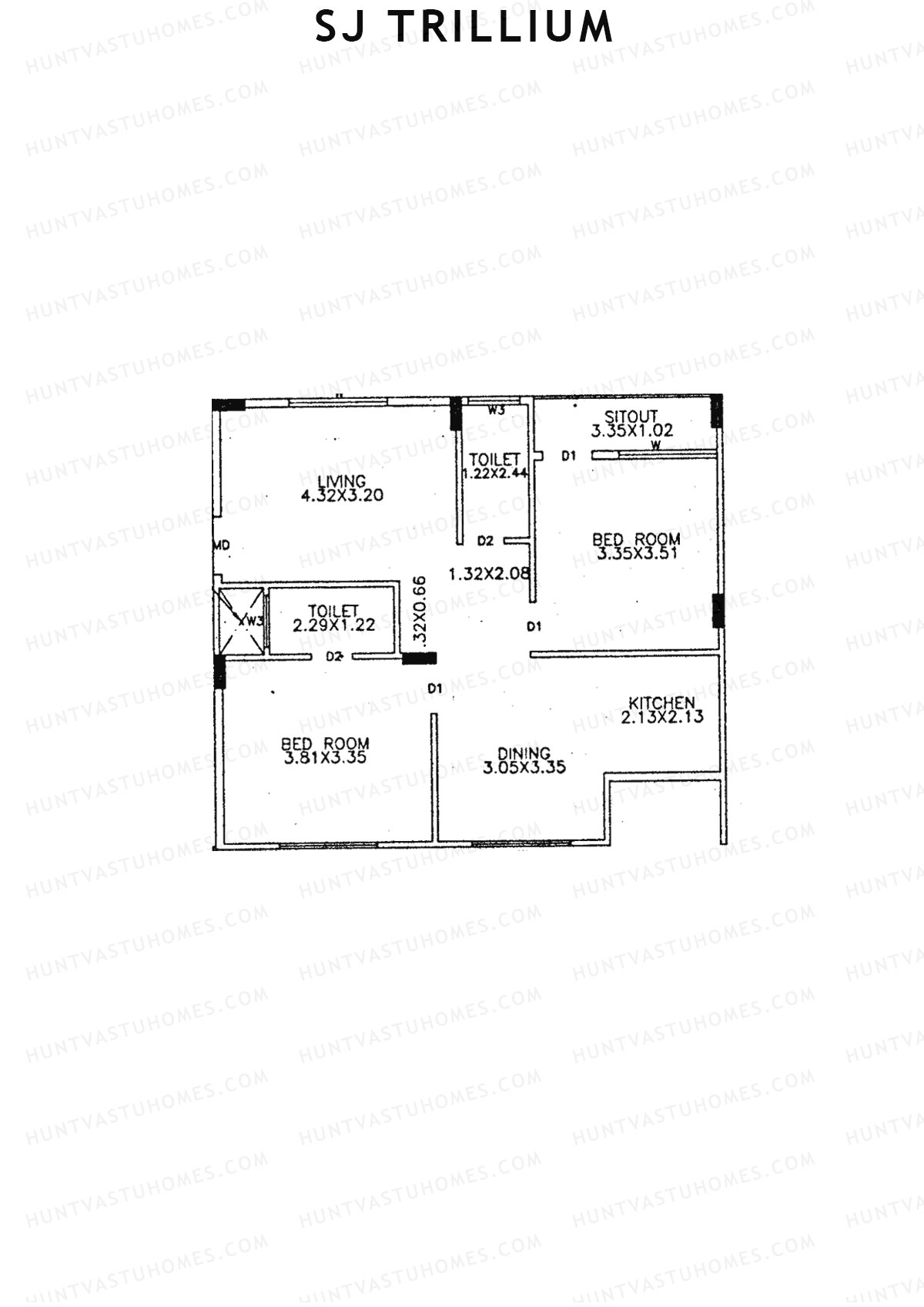 SJ Trillium, Block A, Unit 4, 2BHK, Super Area 1070   sq ft 