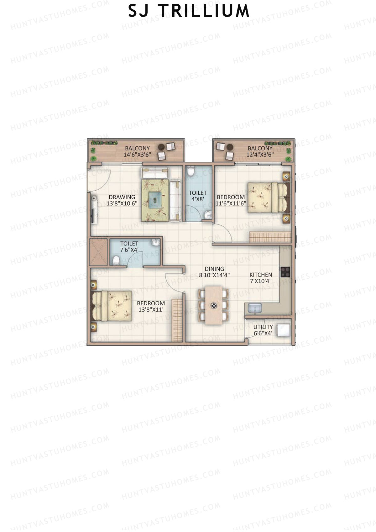 SJ Trillium, Block A, Unit 4, 2BHK, Super Area 1180   sq ft 
