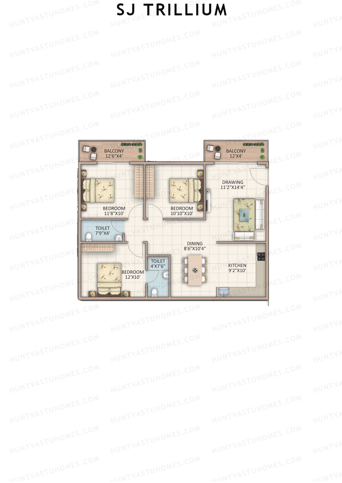 SJ Trillium, Block A, Unit 5, 3BHK, Super Area 1285   sq ft 
