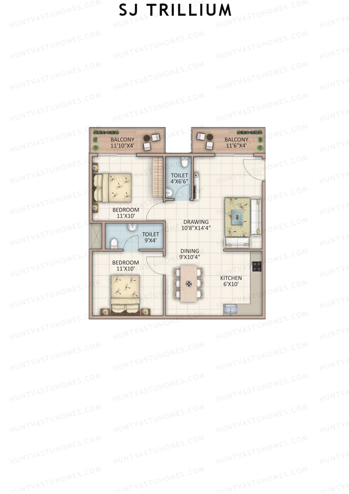 SJ Trillium, Block A, Unit 6, 2BHK, Super Area 1010   sq ft 