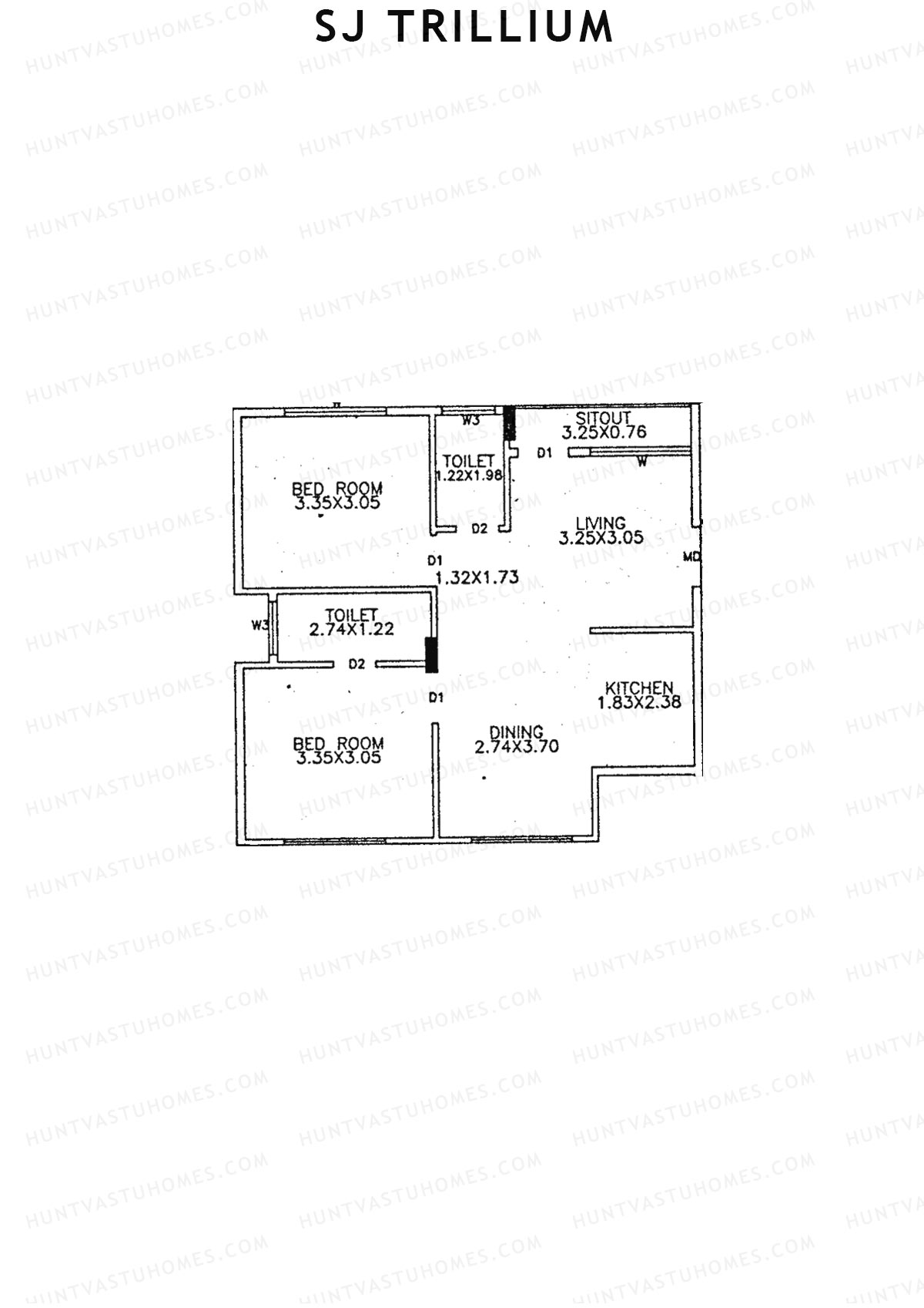 SJ Trillium, Block A, Unit 6, 2BHK, Super Area 905   sq ft 