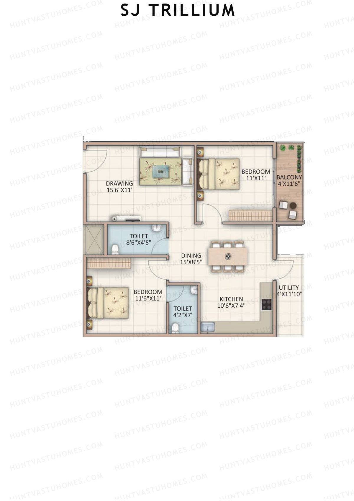 SJ Trillium, Block A, Unit 7, 2BHK, Super Area 1105   sq ft 