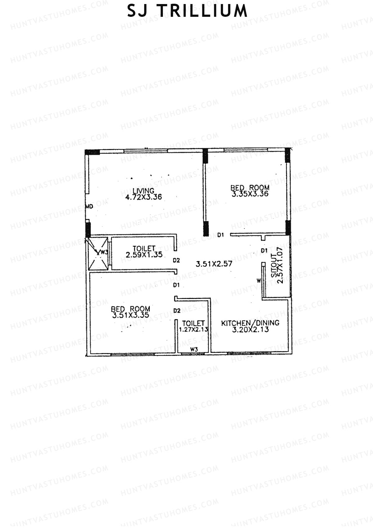 SJ Trillium, Block A, Unit 7, 2BHK, Super Area 985   sq ft 