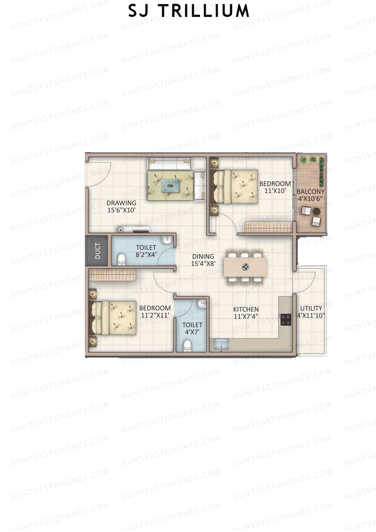 SJ Trillium, Block A, Unit 8, 2BHK, Super Area 1050   sq ft 