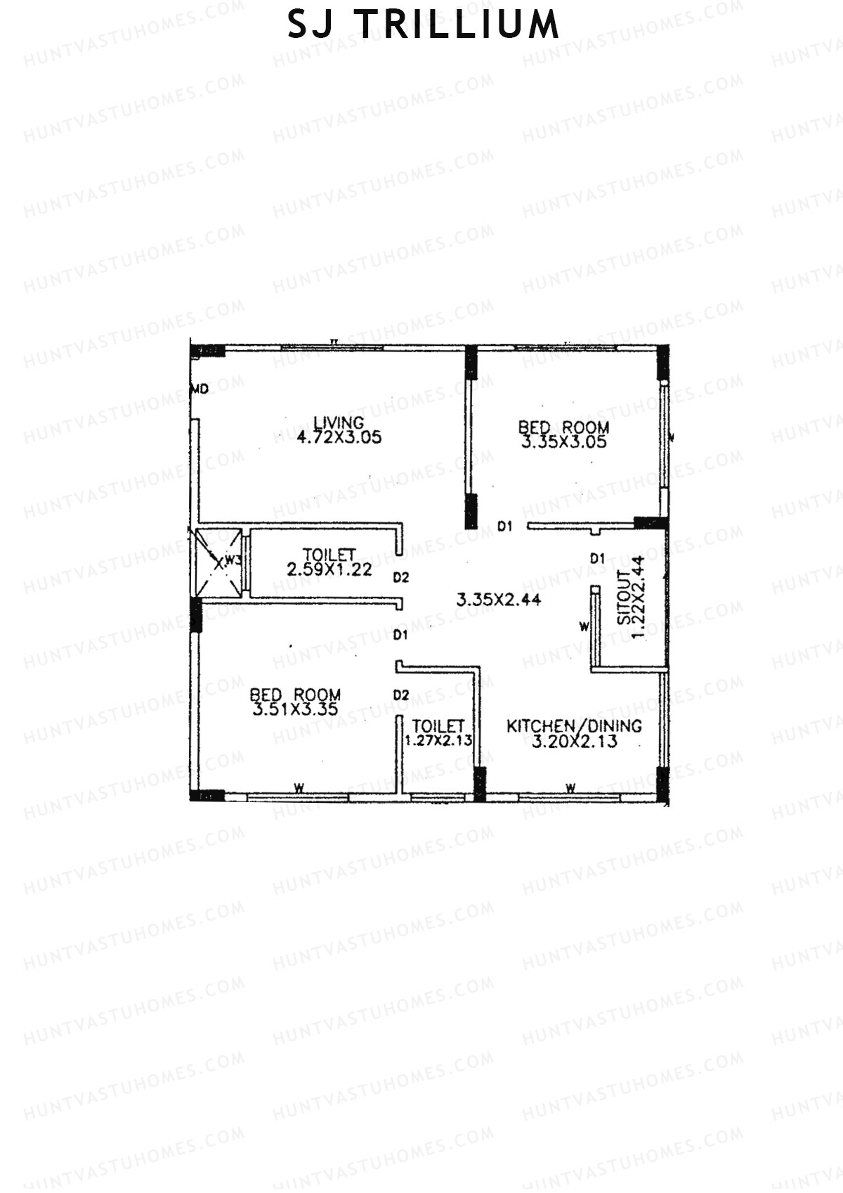 SJ Trillium, Block A, Unit 8, 2BHK, Super Area 935   sq ft 