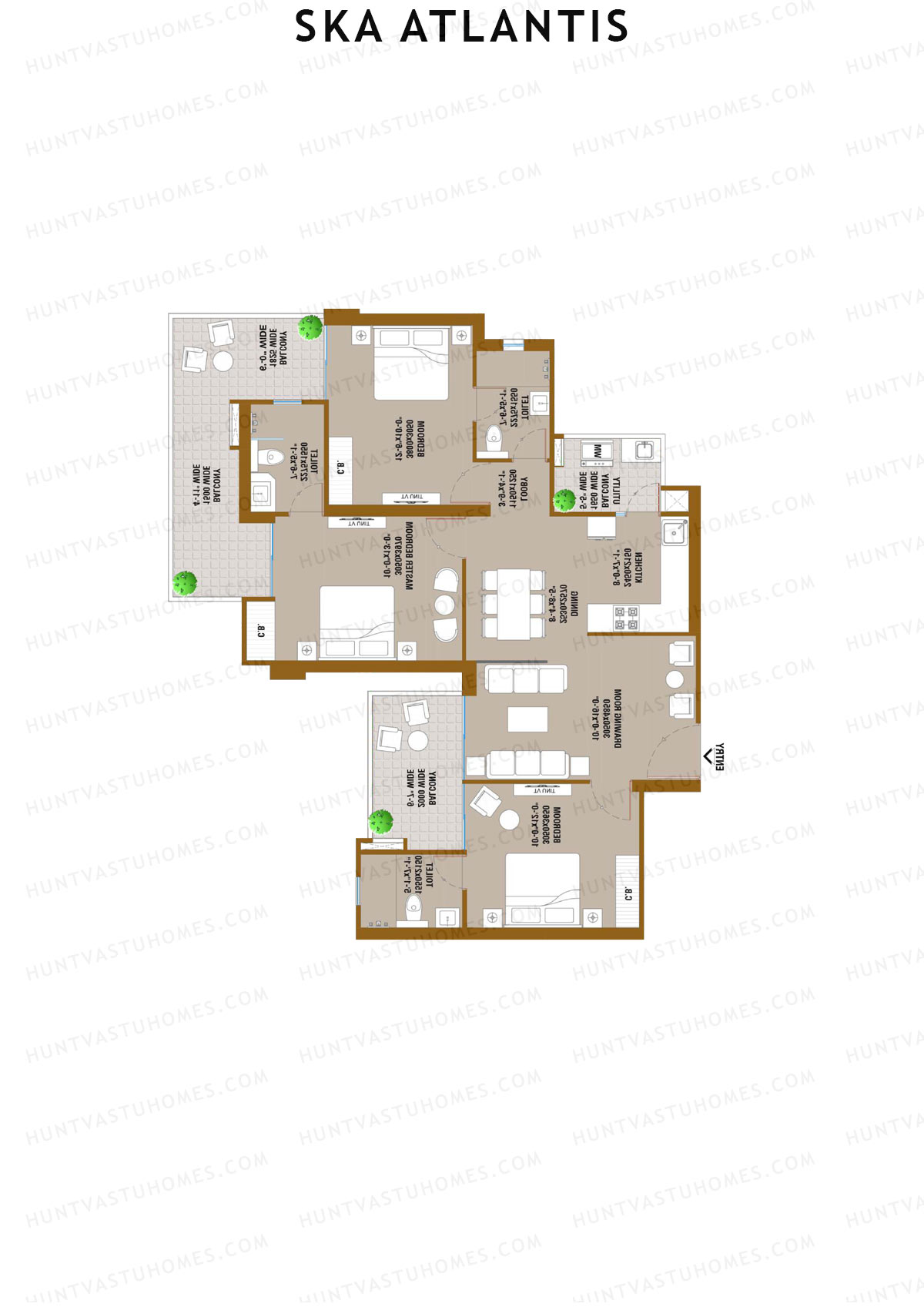 SKA Atlantis, Tower Aqua, Unit 1 (Type S1), 3BHK, Super Area 1549   sq ft 