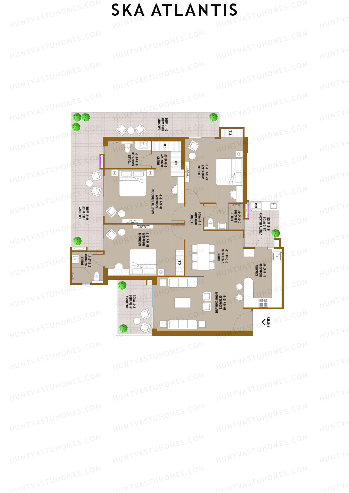 SKA Atlantis, Tower Aqua, Unit 2 (Type S3), 3BHK, Super Area 2080   sq ft 