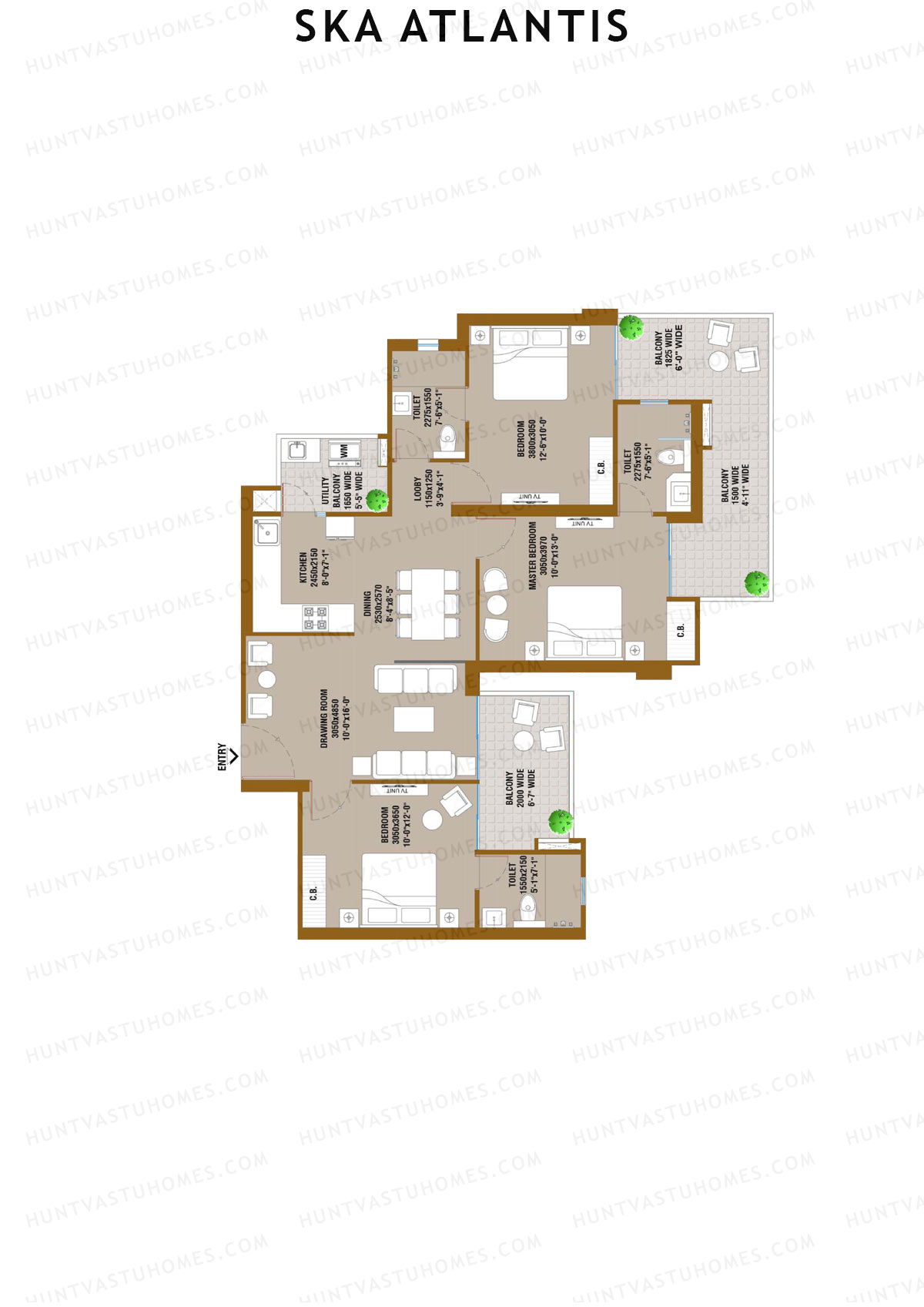SKA Atlantis, Tower Bliss, Unit 21 (Type S1), 3BHK, Super Area 1549   sq ft 