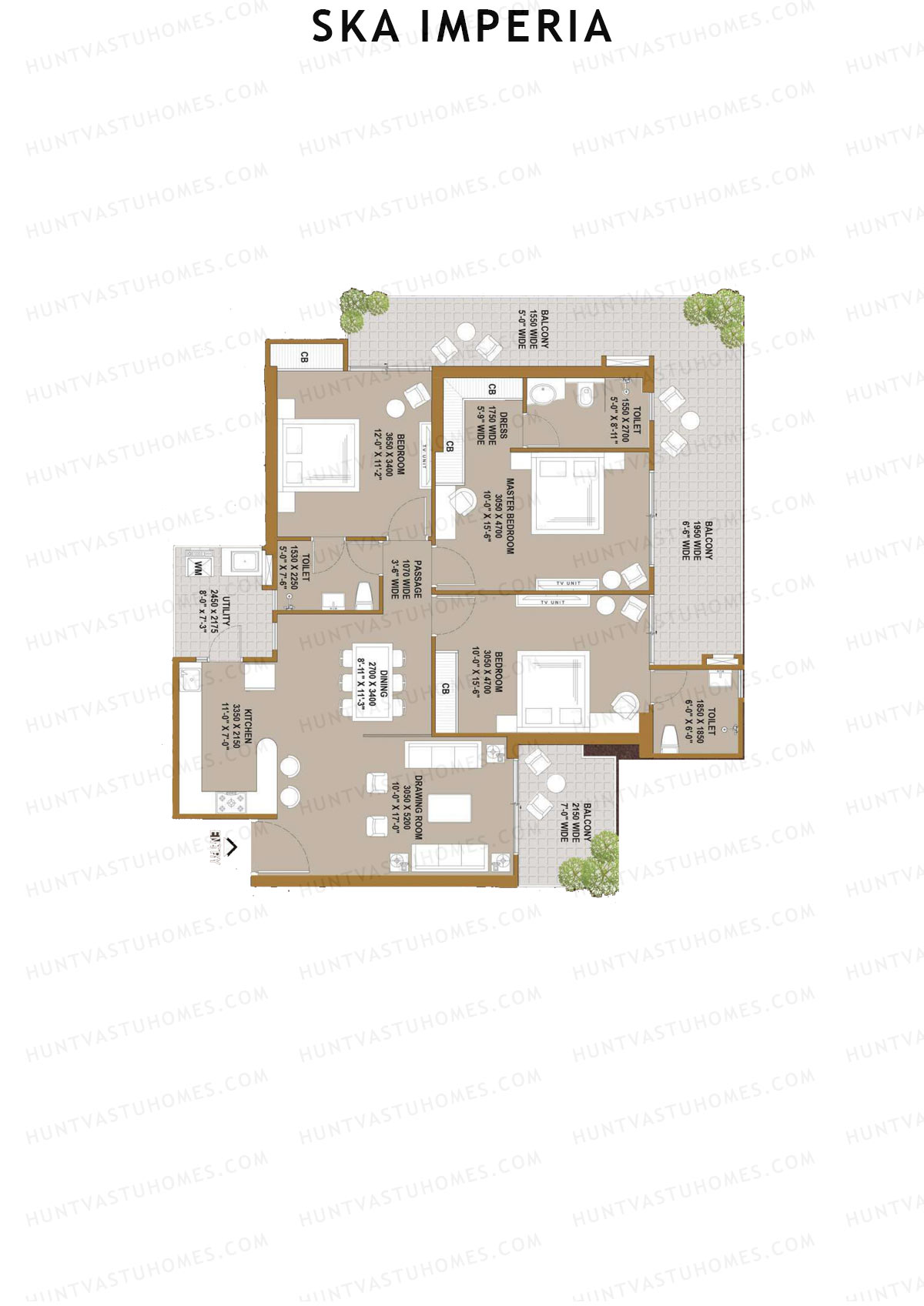 Ska Imperia, Tower 1, Unit 2 (Type S3), 3BHK, Super Area 1936   sq ft 