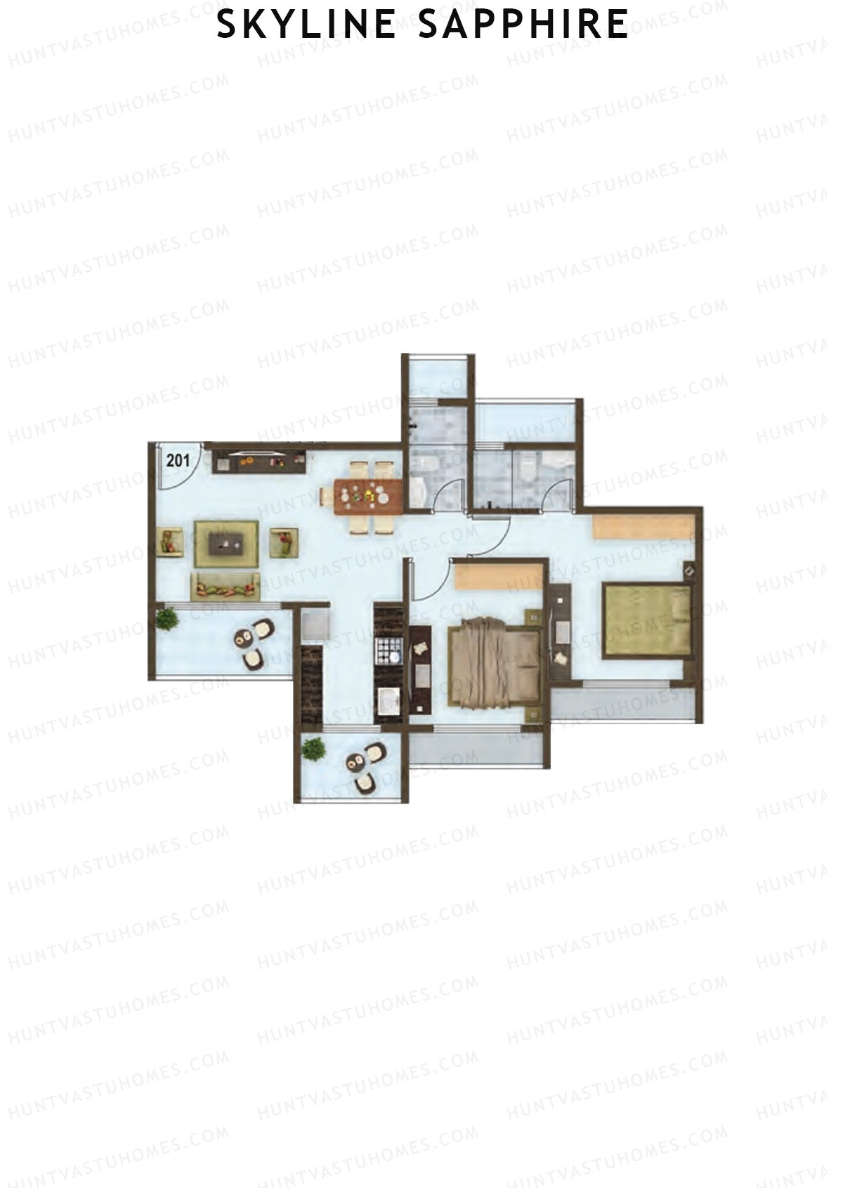 Skyline Sapphire, Block A, Unit 1, 2BHK, Carpet Area 483   sq ft 