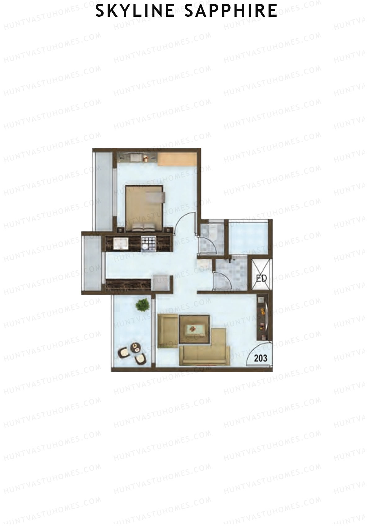 Skyline Sapphire, Block A, Unit 3, 1BHK, Carpet Area 296   sq ft 