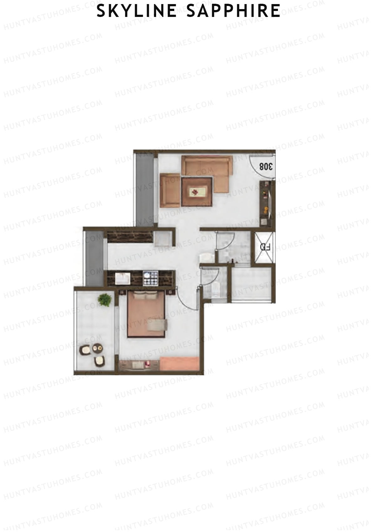 Skyline Sapphire, Block A, Unit 4, 1BHK, Carpet Area 296   sq ft 