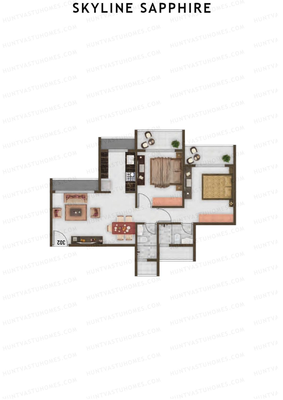Skyline Sapphire, Block A, Unit 6, 2BHK, Carpet Area 483   sq ft 