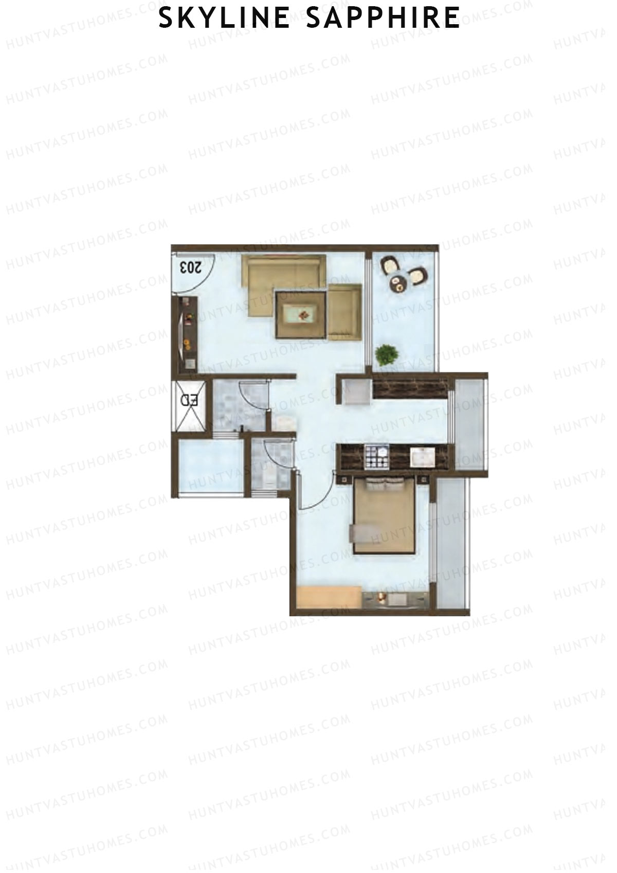 Skyline Sapphire, Block A, Unit 7, 1BHK, Carpet Area 296   sq ft 
