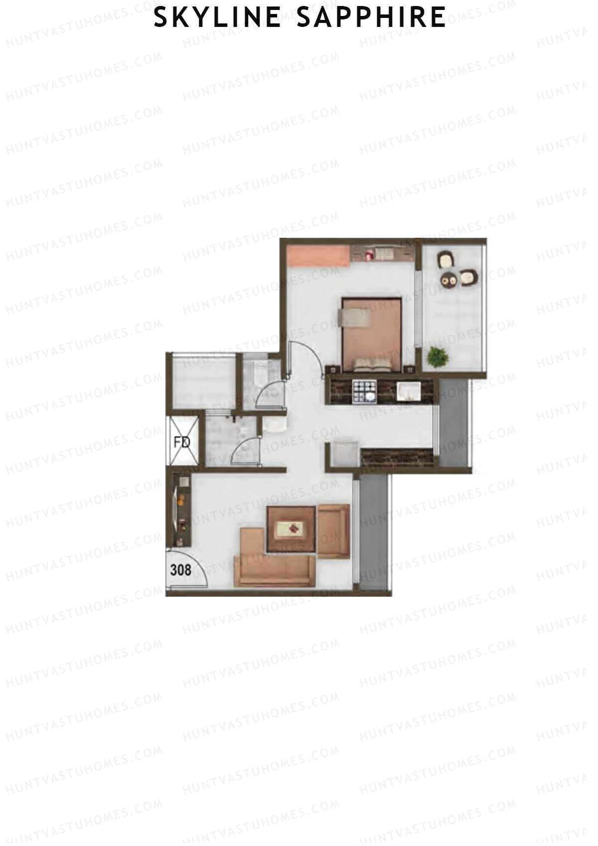 Skyline Sapphire, Block A, Unit 8, 1BHK, Carpet Area 296   sq ft 