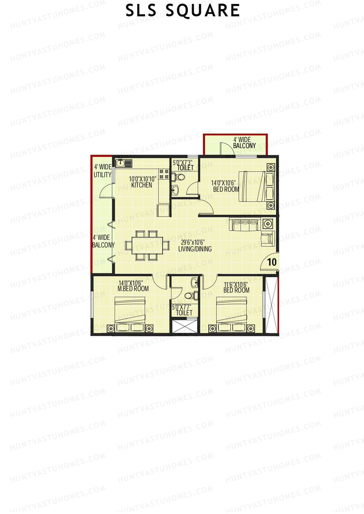 SLS Square, Block A, Unit 10, 3BHK, Super Area 1400   sq ft 