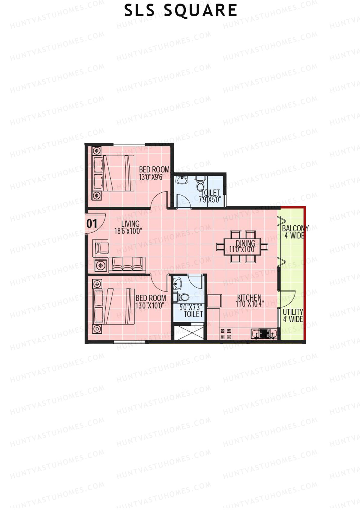 SLS Square, Block A, Unit 1, 2BHK, Super Area 1080   sq ft 