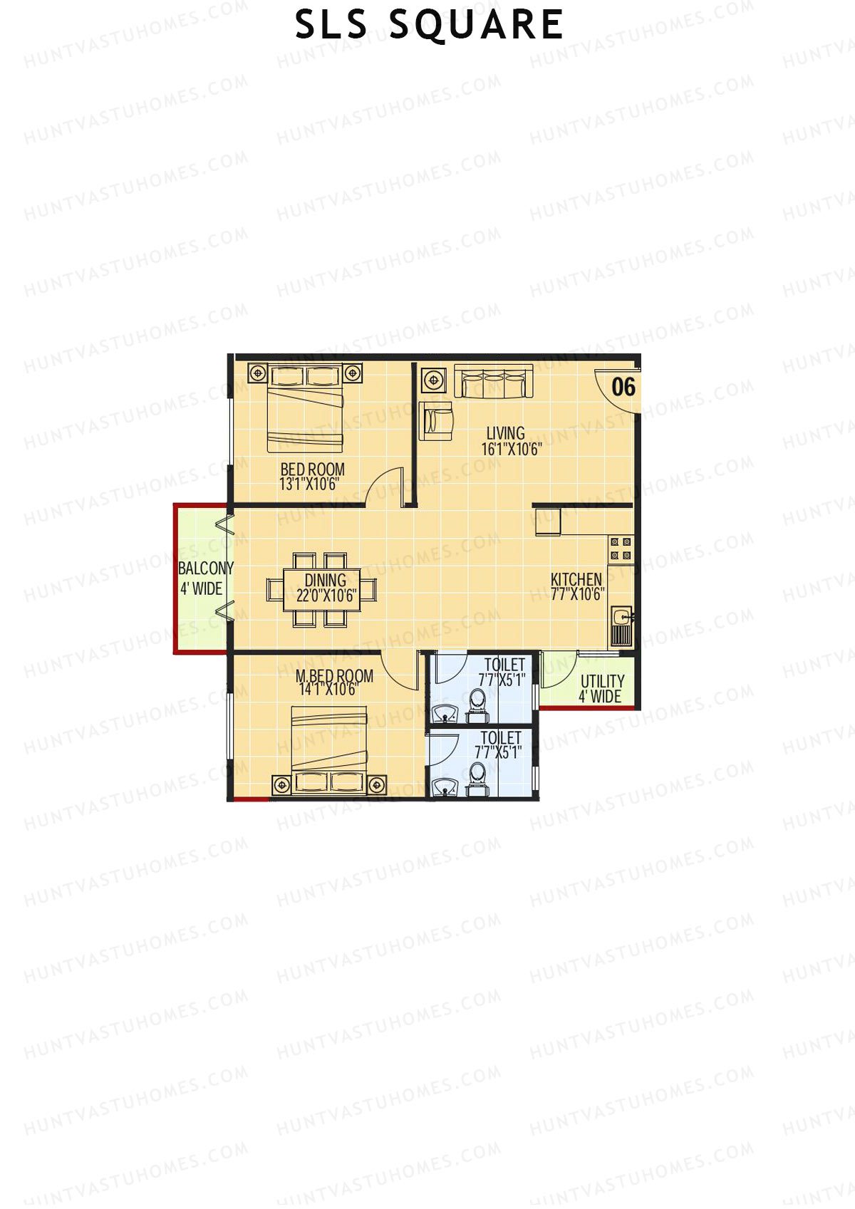 SLS Square, Block A, Unit 6, 2BHK, Super Area 1225   sq ft 