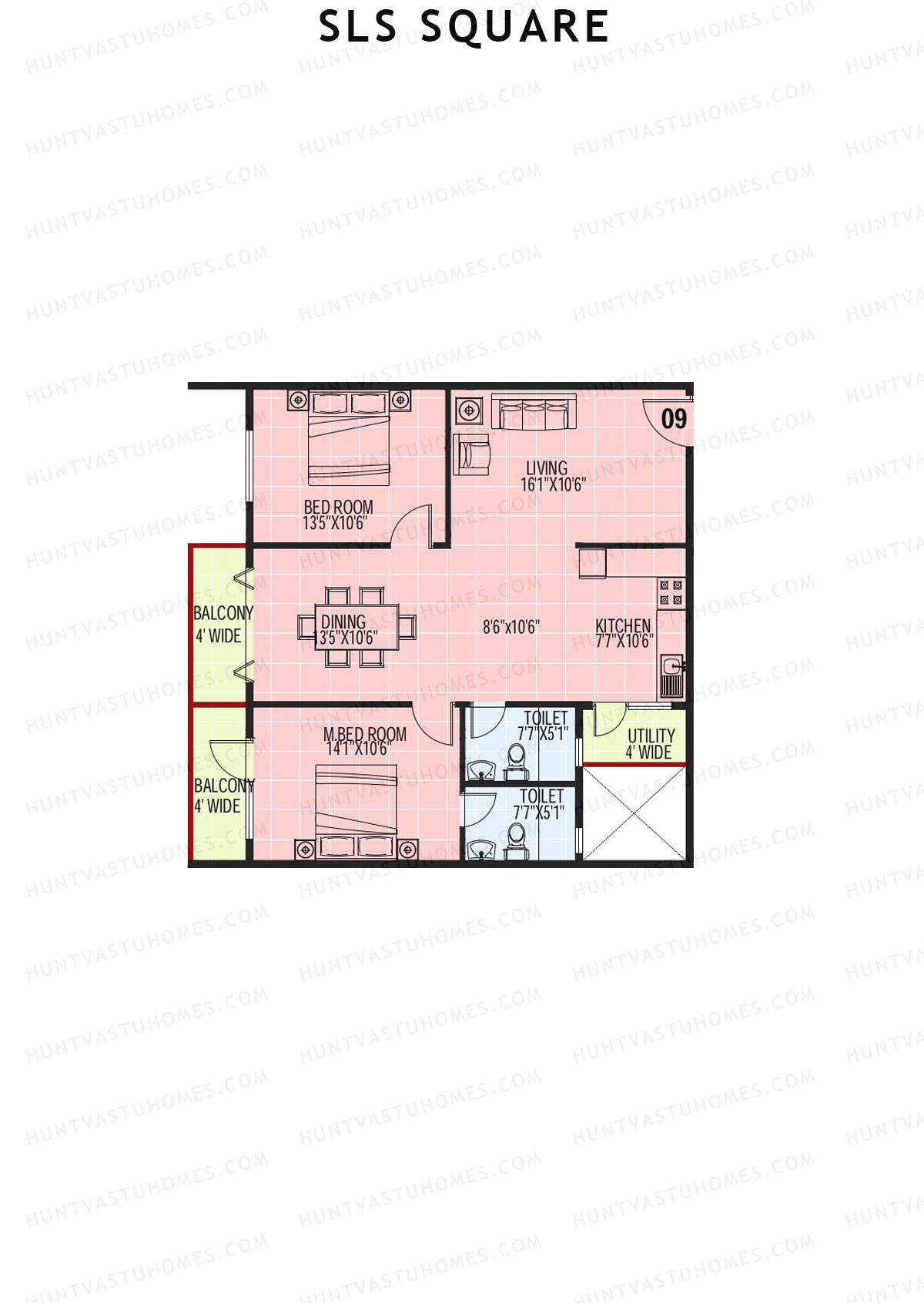 SLS Square, Block A, Unit 9, 2BHK, Super Area 1280   sq ft 