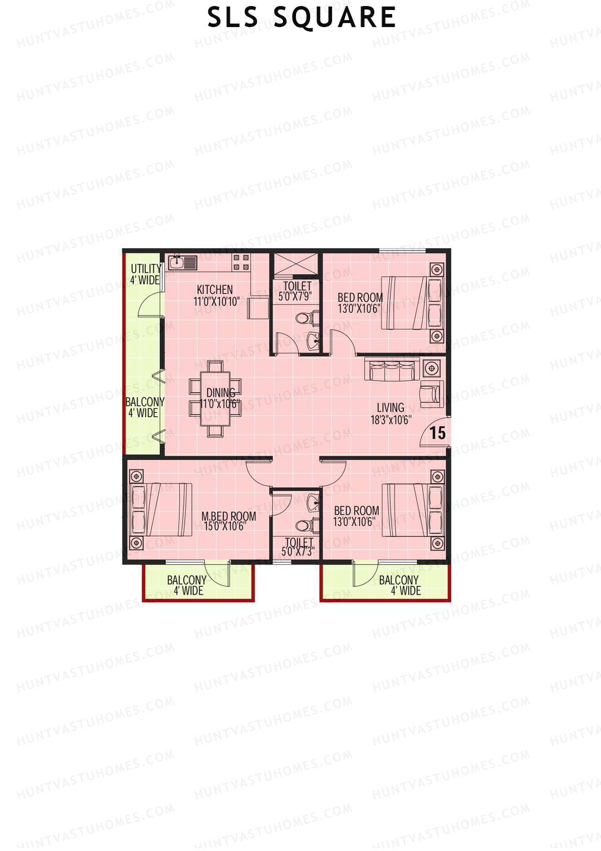 SLS Square, Block B, Unit 15, 3BHK, Super Area 1500   sq ft 