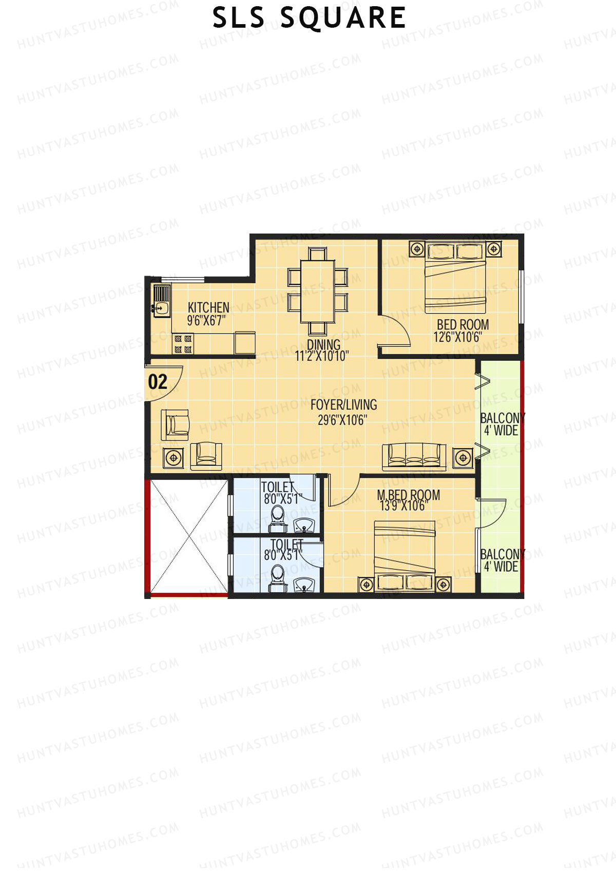 SLS Square, Block C, Unit 20, 2BHK, Super Area 1250   sq ft 