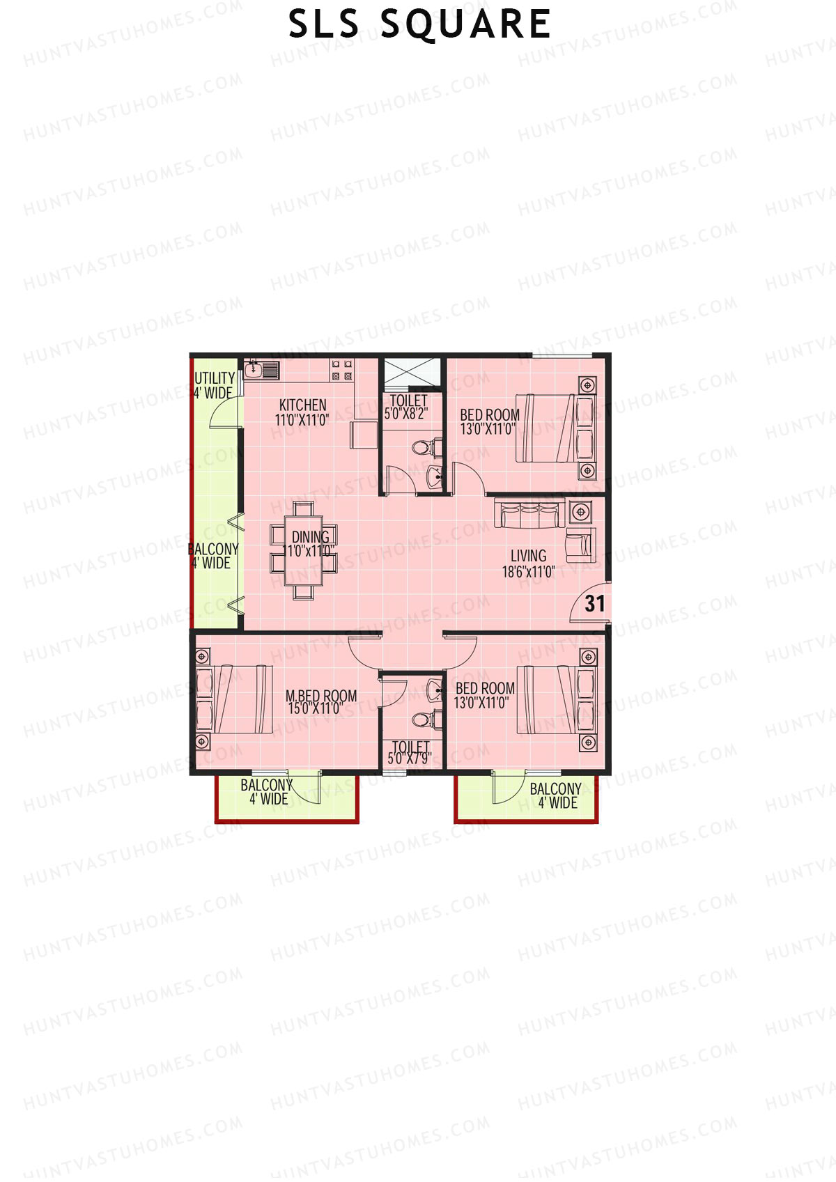 SLS Square, Block D, Unit 31, 3BHK, Super Area 1570   sq ft 