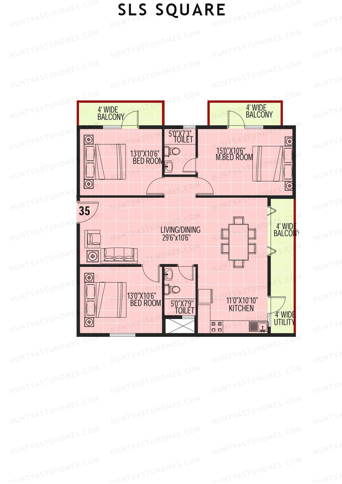SLS Square, Block E, Unit 35, 3BHK, Super Area 1500   sq ft 