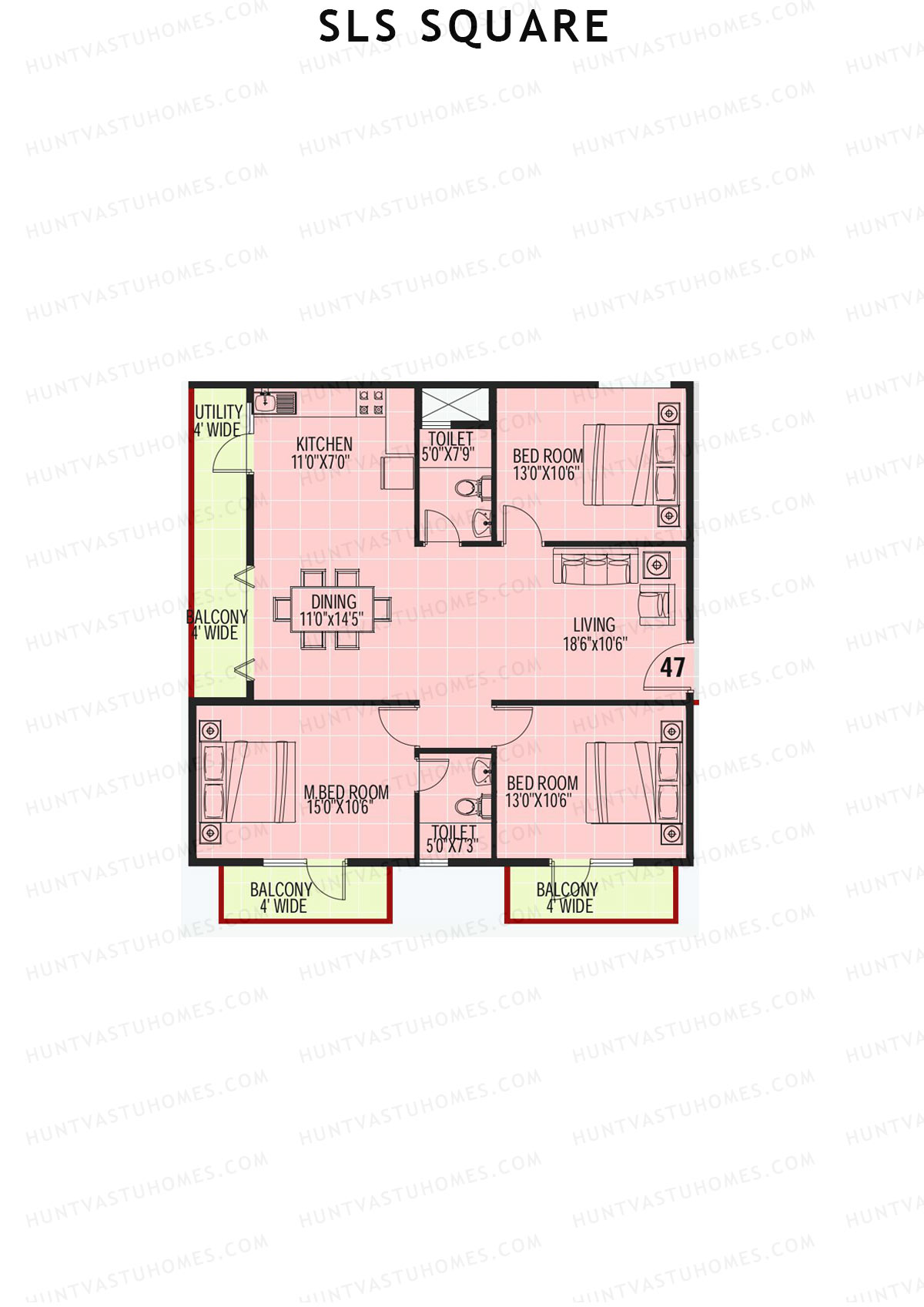 SLS Square, Block F, Unit 47, 3BHK, Super Area 1490   sq ft 