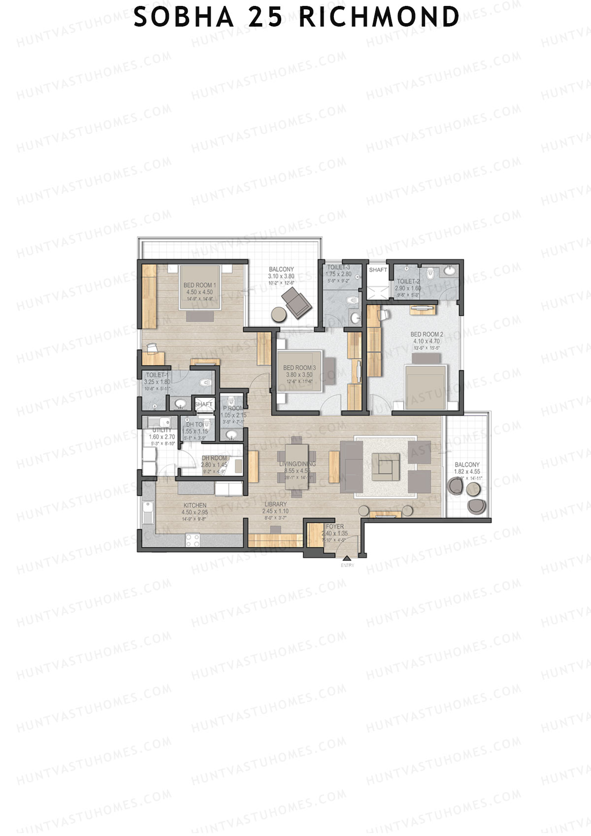 Sobha 25 Richmond, Tower A, Unit 1 (Type A1), 3BHK, Super Area 2777   sq ft 