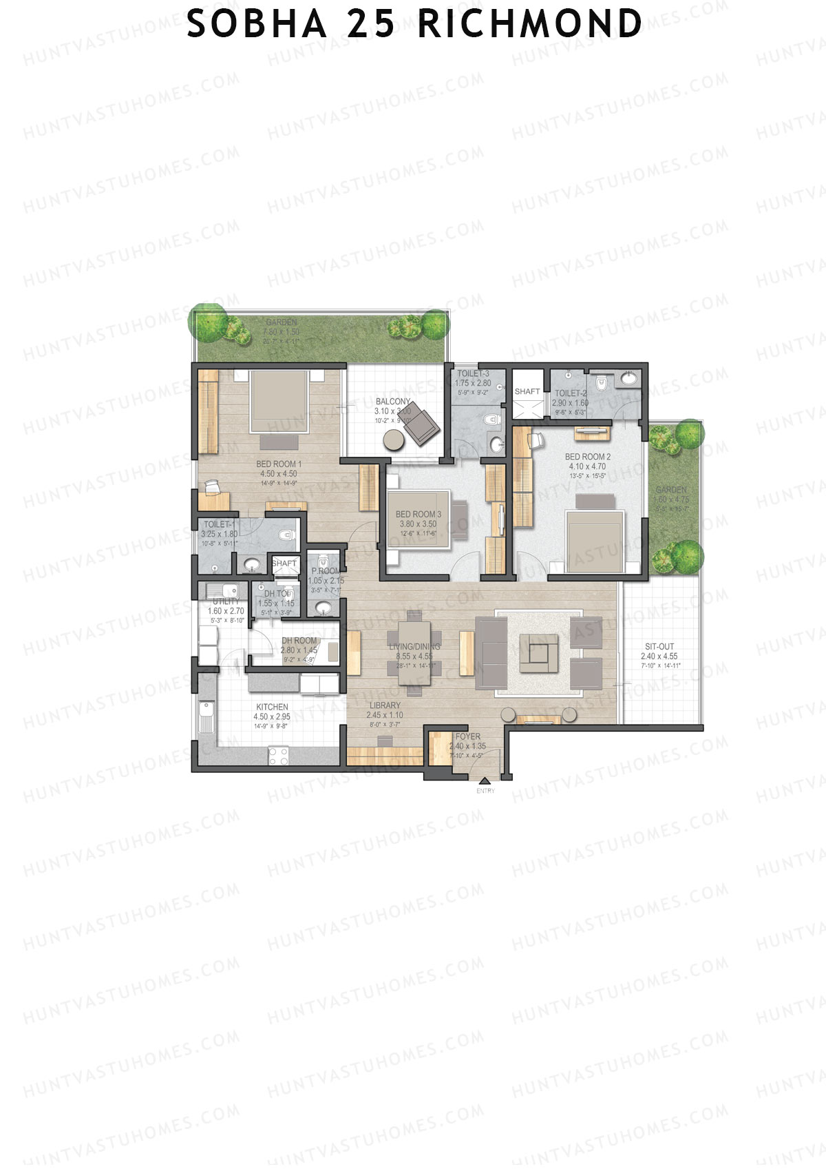 Sobha 25 Richmond, Tower A, Unit 1 (Type A), 3BHK, Super Area 2779   sq ft 
