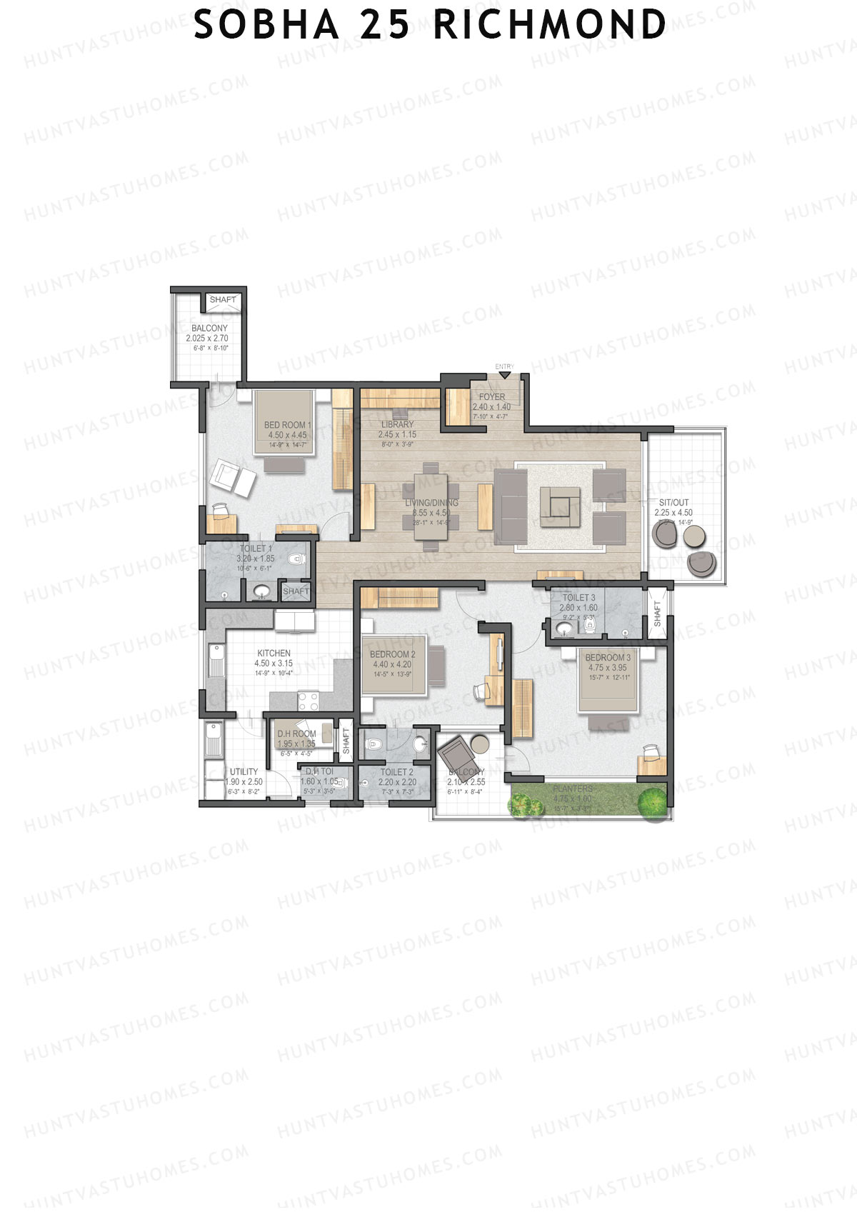 Sobha 25 Richmond, Tower A, Unit 2 (Type B), 3BHK, Super Area 2826   sq ft 