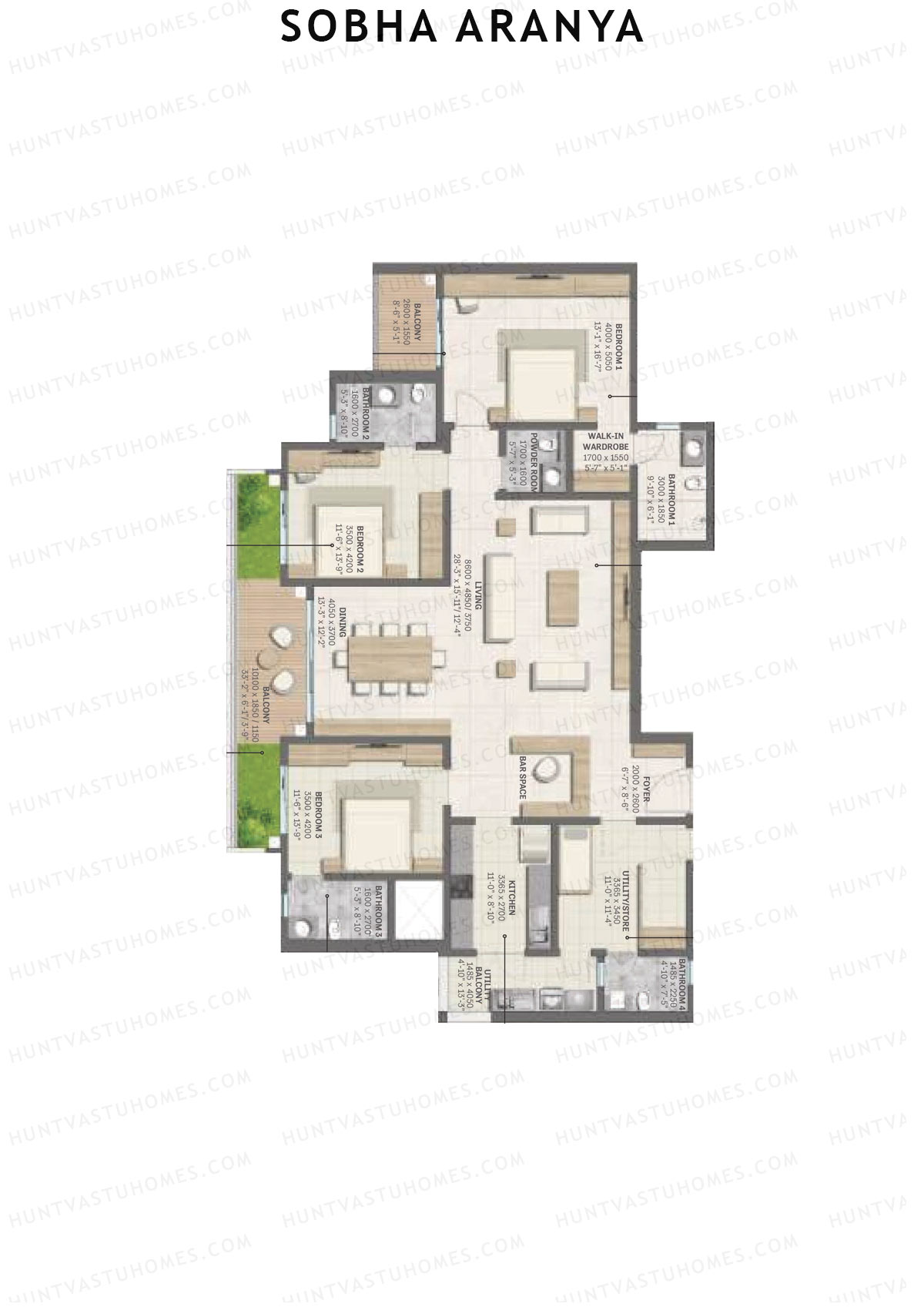 Sobha Aranya Tower 5 Unit 3 (Type D1) Floor Plan