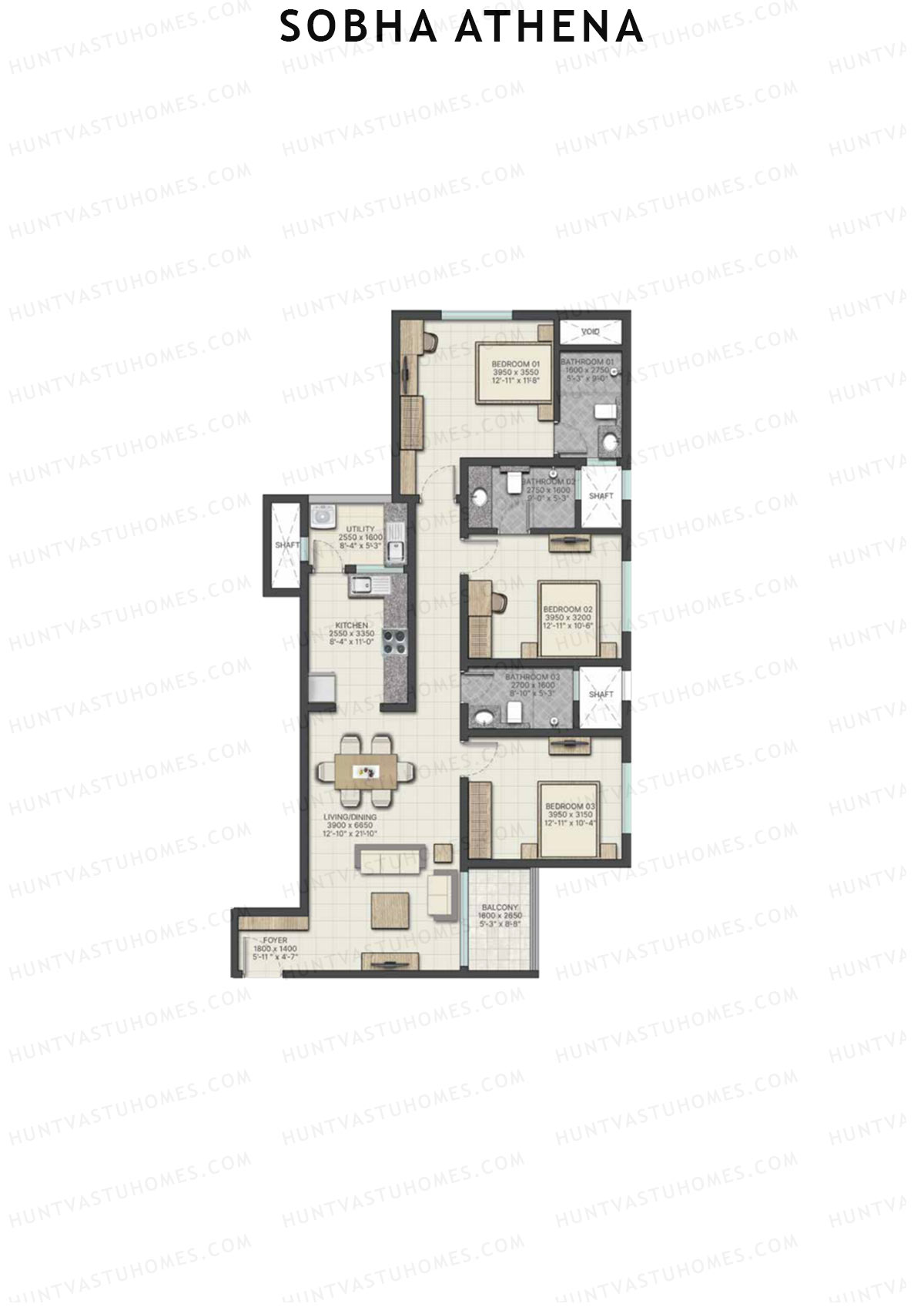 Sobha Athena Wing A Unit 1 (Type A1) Floor Plan