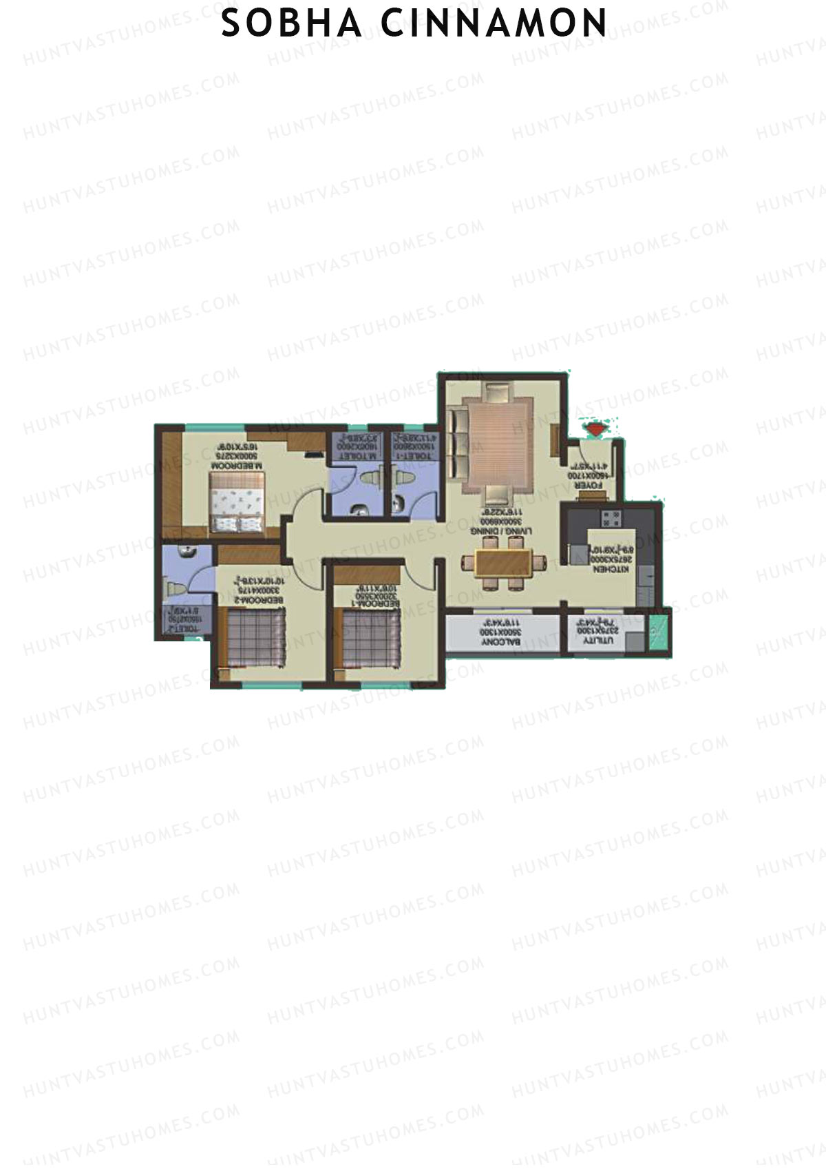 Sobha Cinnamon, Block 2, Unit 11 (Type BB), 3BHK, Super Area 1459   sq ft 