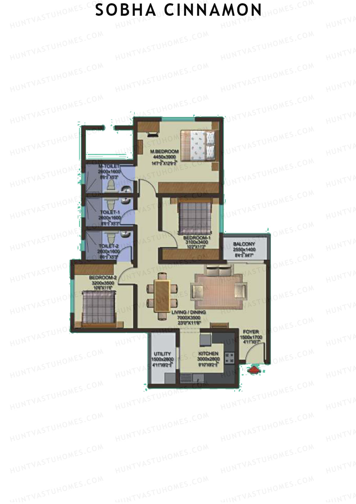 Sobha Cinnamon, Block 2, Unit 12 (Type J), 3BHK, Super Area 1455   sq ft 