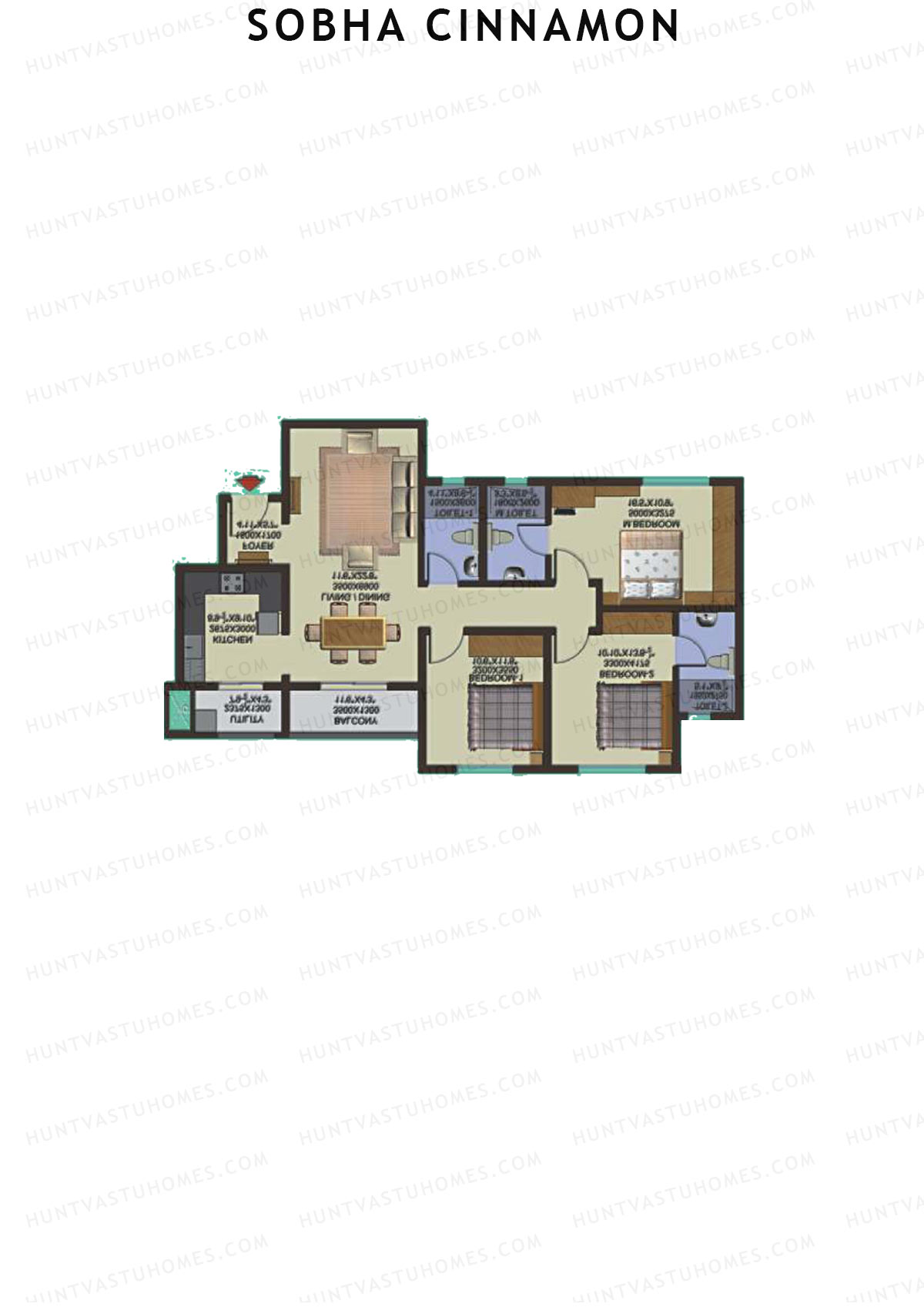 Sobha Cinnamon, Block 2, Unit 13 (Type BB), 3BHK, Super Area 1459   sq ft 