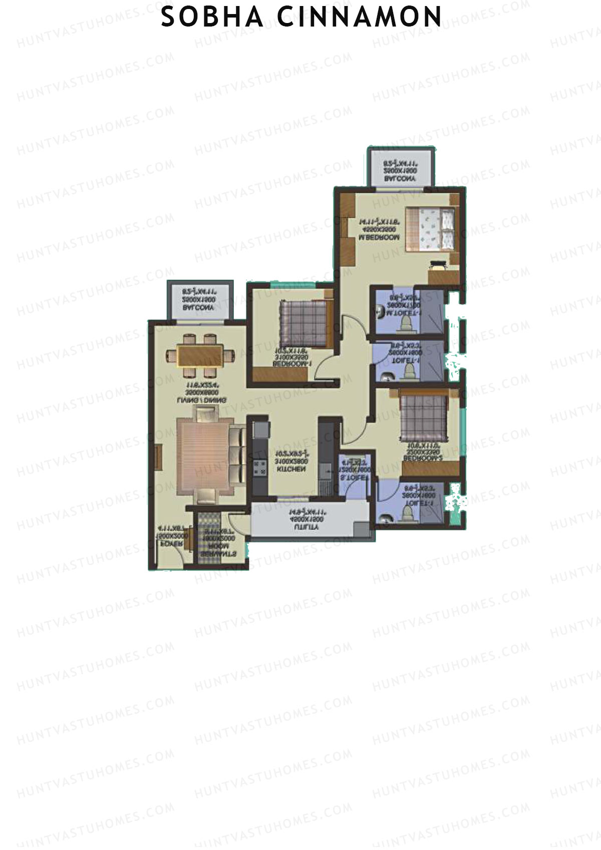 Sobha Cinnamon, Block 2, Unit 14 (Type C), 3BHK, Super Area 1710   sq ft 