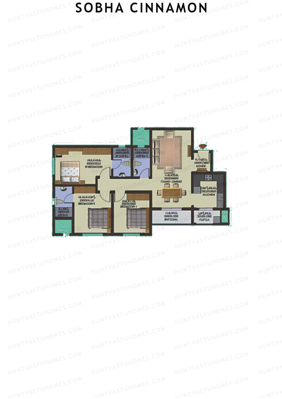 Sobha Cinnamon, Block 2, Unit 15 (Type B), 3BHK, Super Area 1462   sq ft 