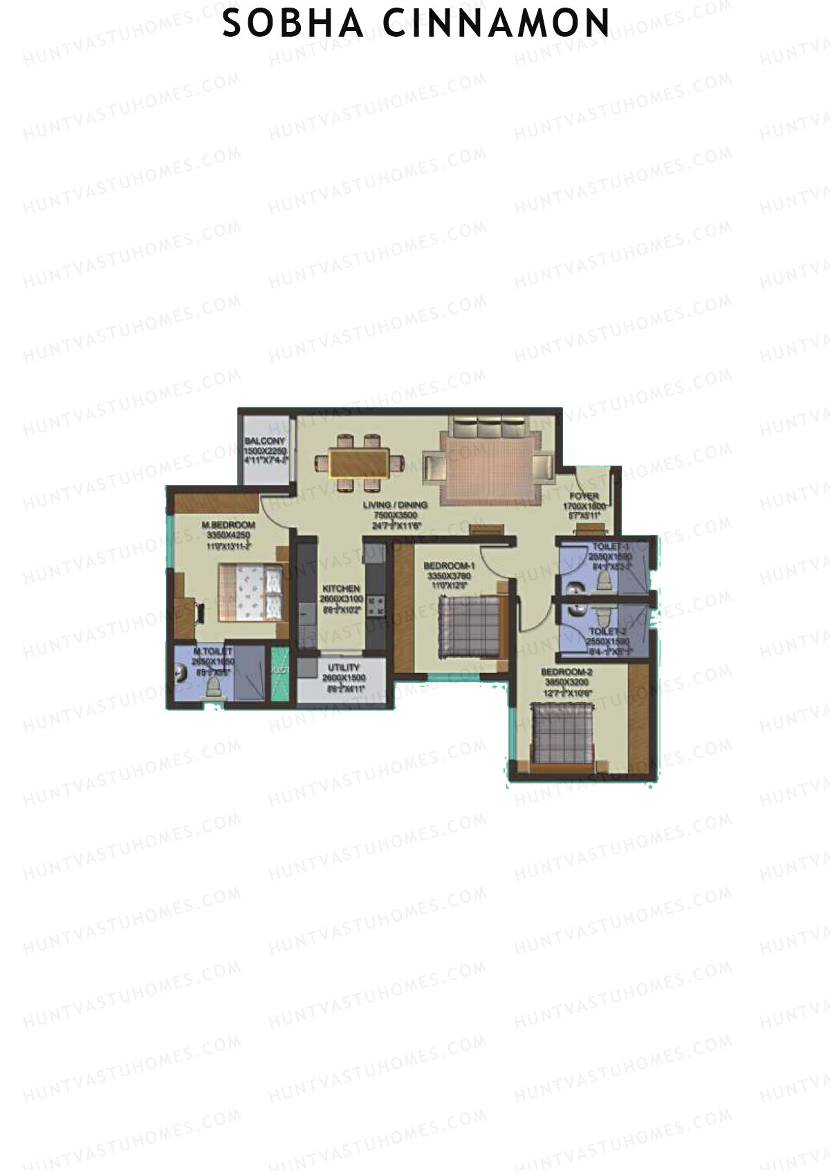 Sobha Cinnamon, Block 2, Unit 16 (Type D), 3BHK, Super Area 1470   sq ft 