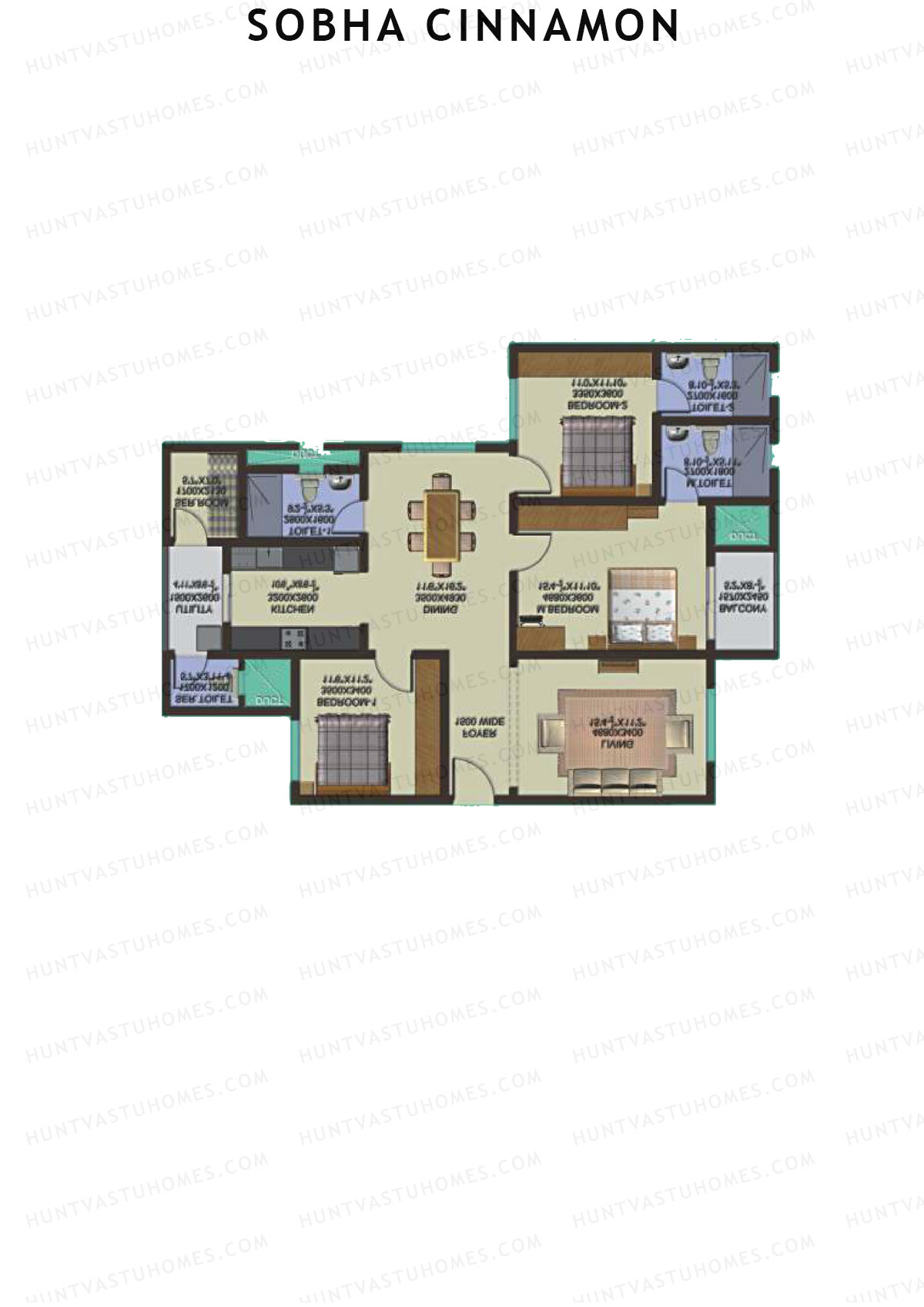 Sobha Cinnamon, Block 2, Unit 17 (Type E), 3BHK, Super Area 1692   sq ft 