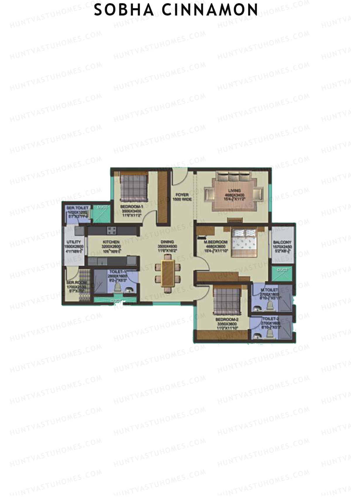 Sobha Cinnamon, Block 2, Unit 18 (Type E), 3BHK, Super Area 1692   sq ft 