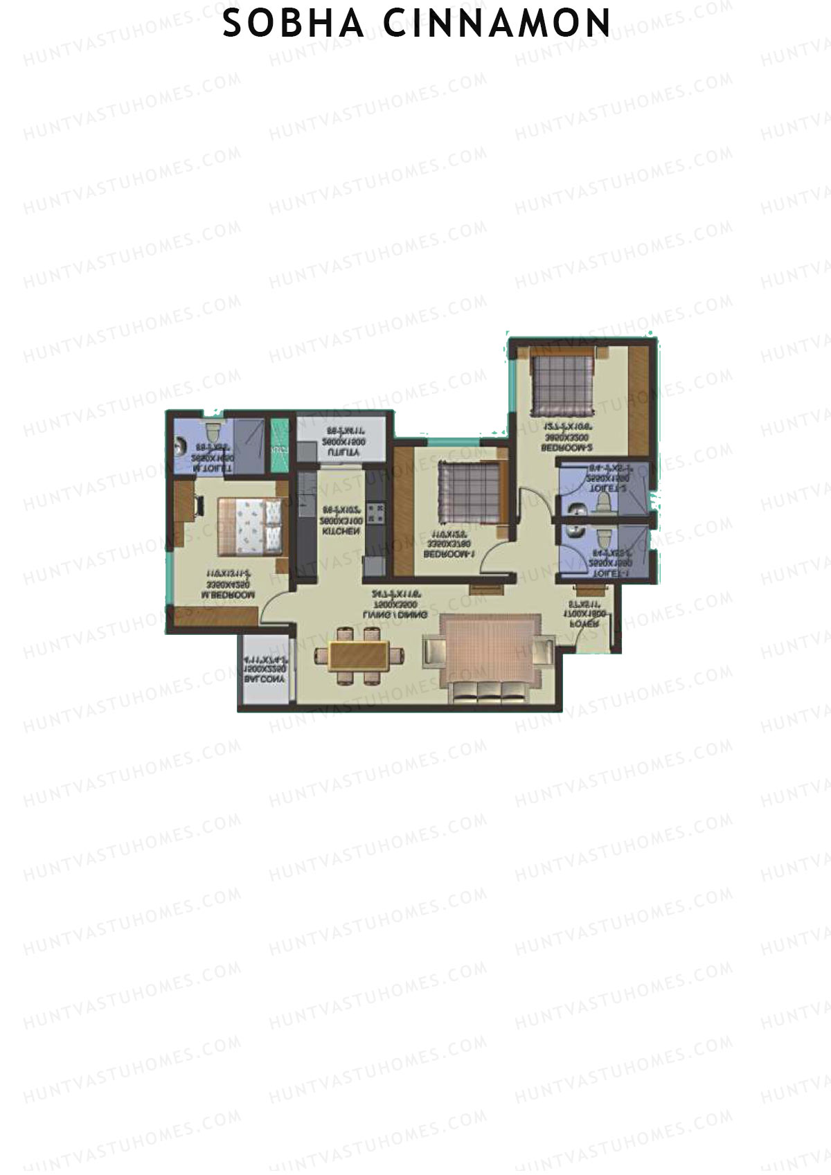 Sobha Cinnamon, Block 2, Unit 19 (Type D), 3BHK, Super Area 1470   sq ft 