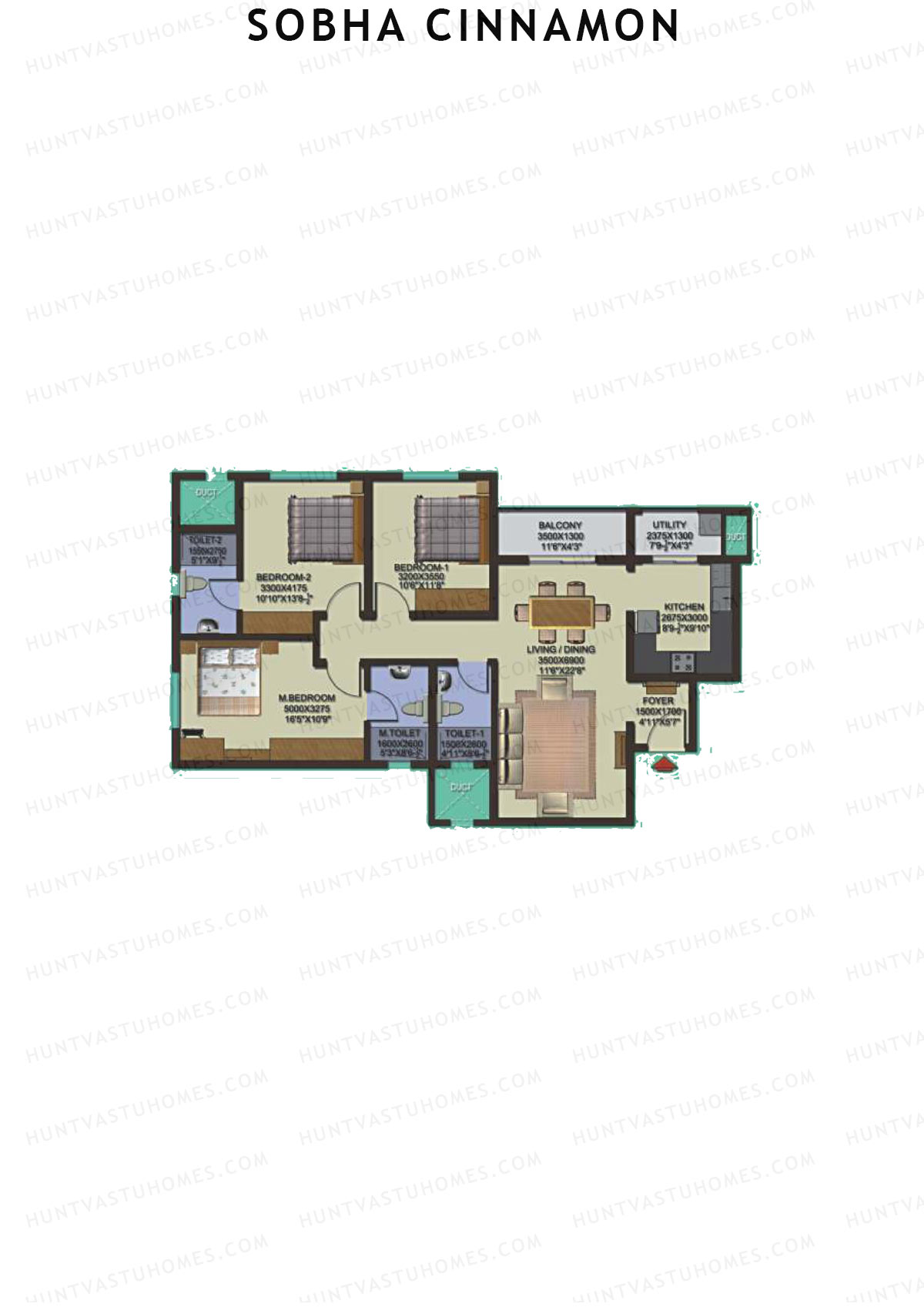 Sobha Cinnamon, Block 2, Unit 1 (Type B), 3BHK, Super Area 1462   sq ft 