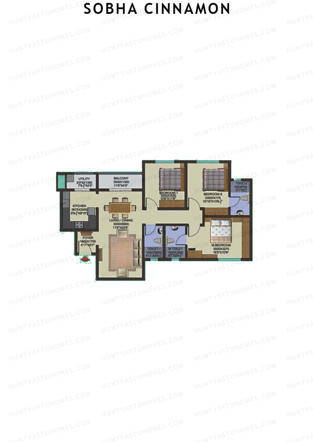Sobha Cinnamon, Block 2, Unit 2 (Type BB), 3BHK, Super Area 1459   sq ft 