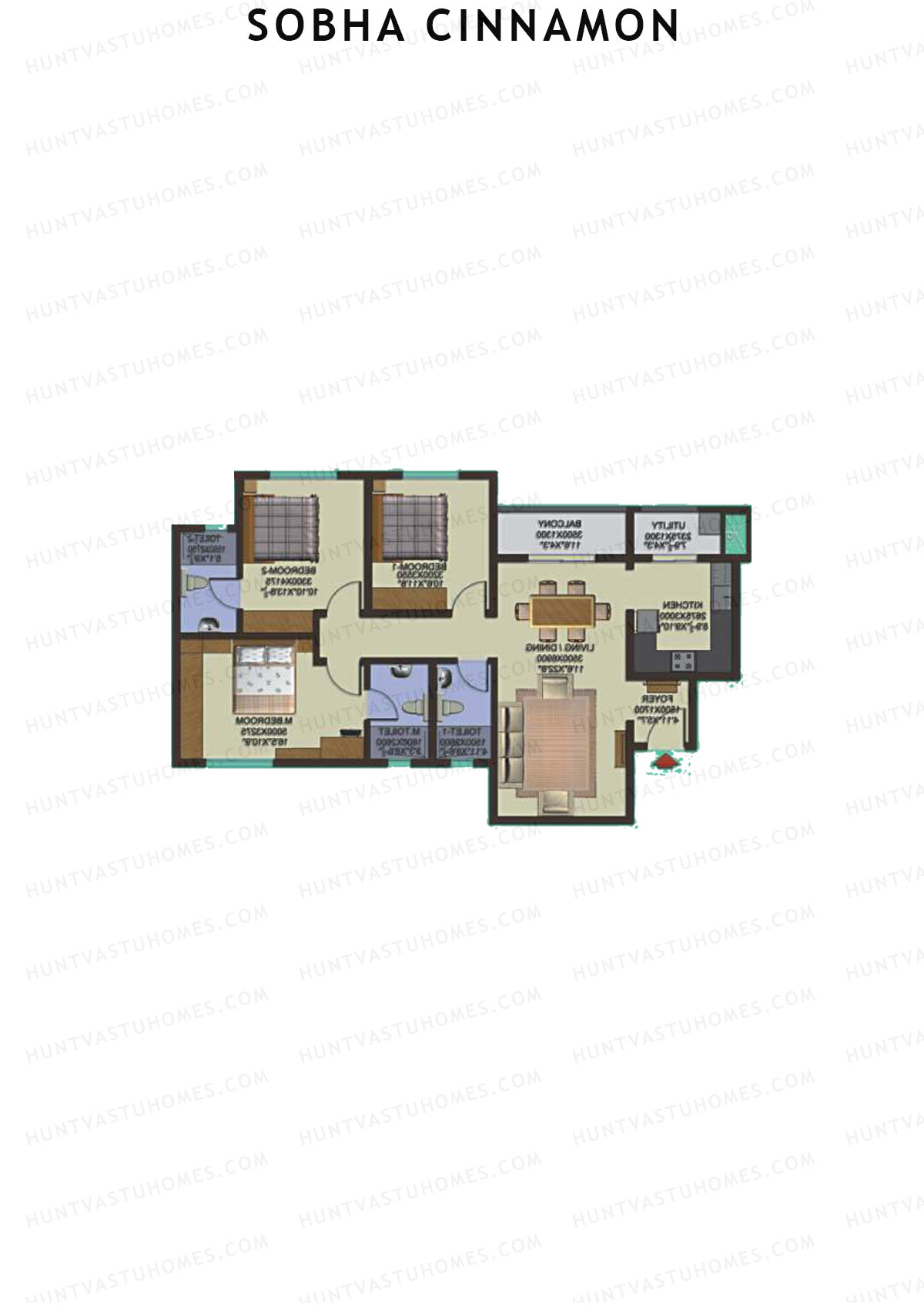 Sobha Cinnamon, Block 2, Unit 4 (Type BB), 3BHK, Super Area 1459   sq ft 