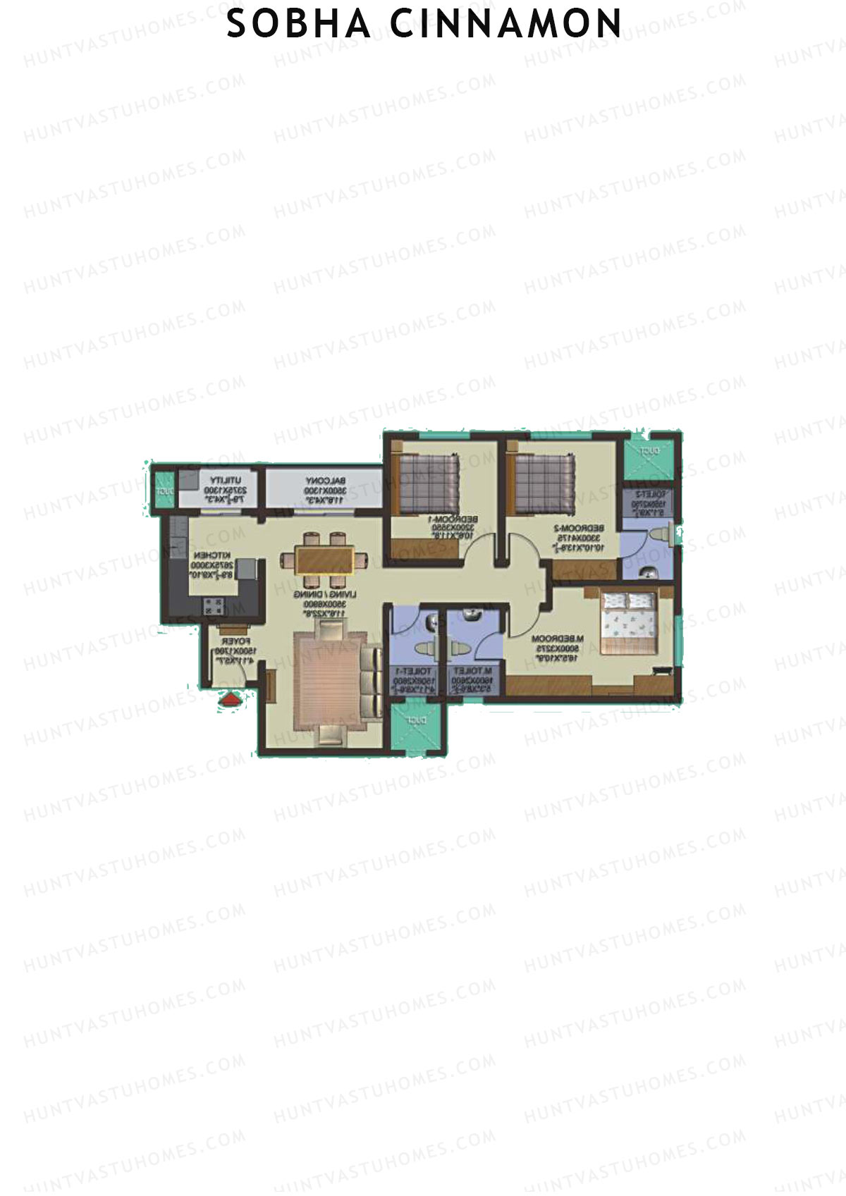 Sobha Cinnamon, Block 2, Unit 6 (Type B), 3BHK, Super Area 1462   sq ft 