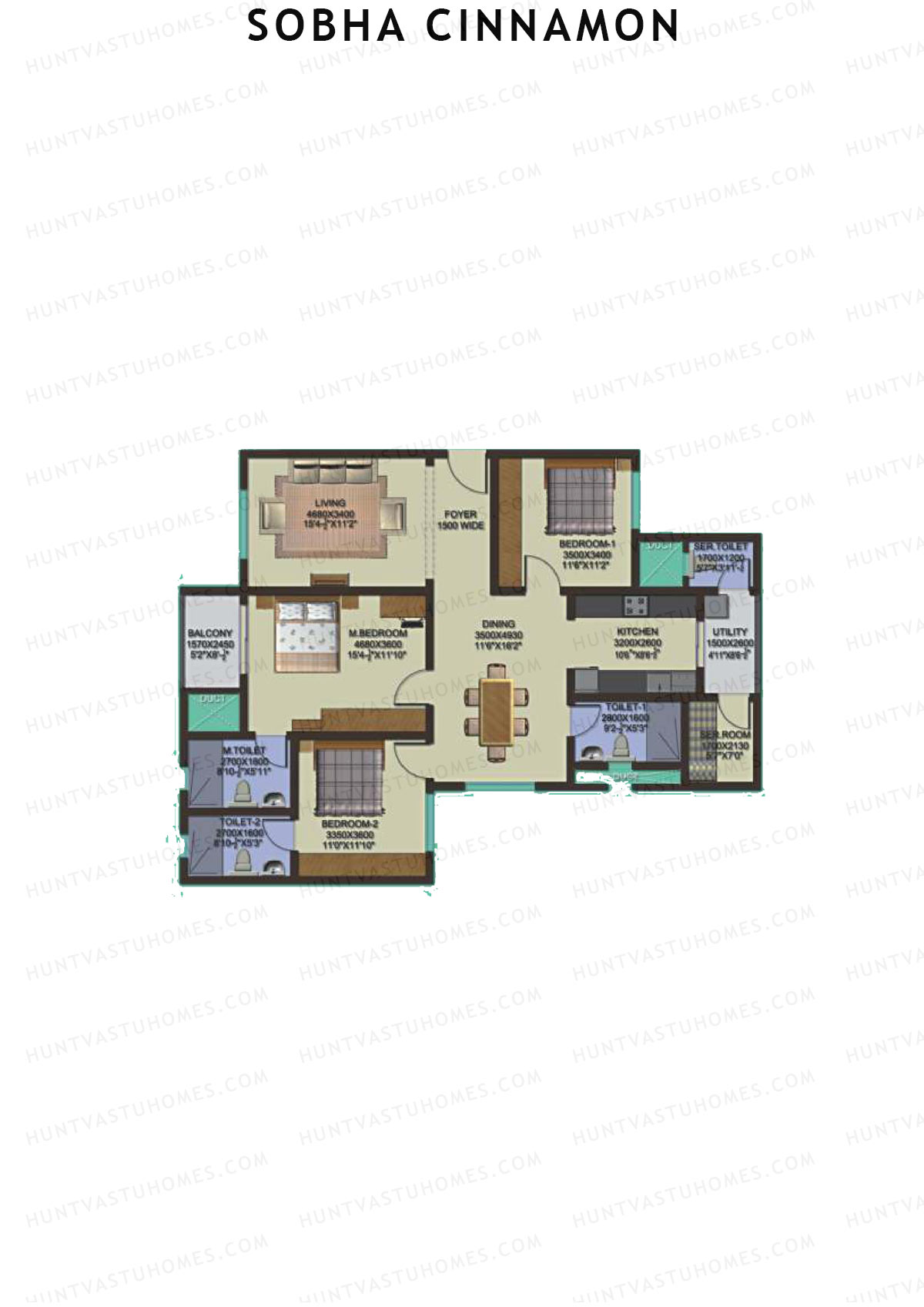 Sobha Cinnamon, Block 2, Unit 8 (Type F), 3BHK, Super Area 1700   sq ft 