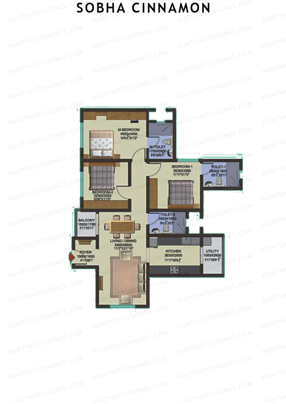 Sobha Cinnamon, Block 2, Unit 9 (Type H), 3BHK, Super Area 1451   sq ft 