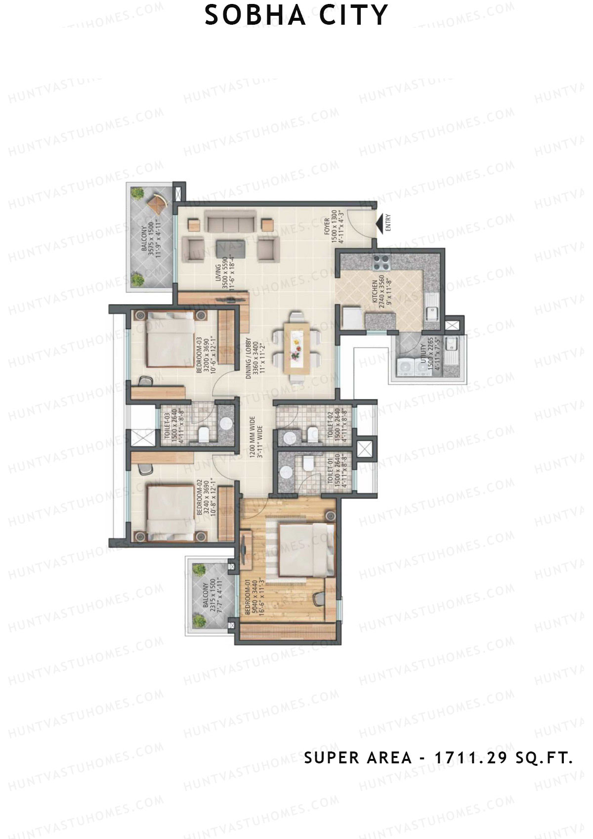 Sobha City Tower A1 Unit 3 (Type B) Floor Plan